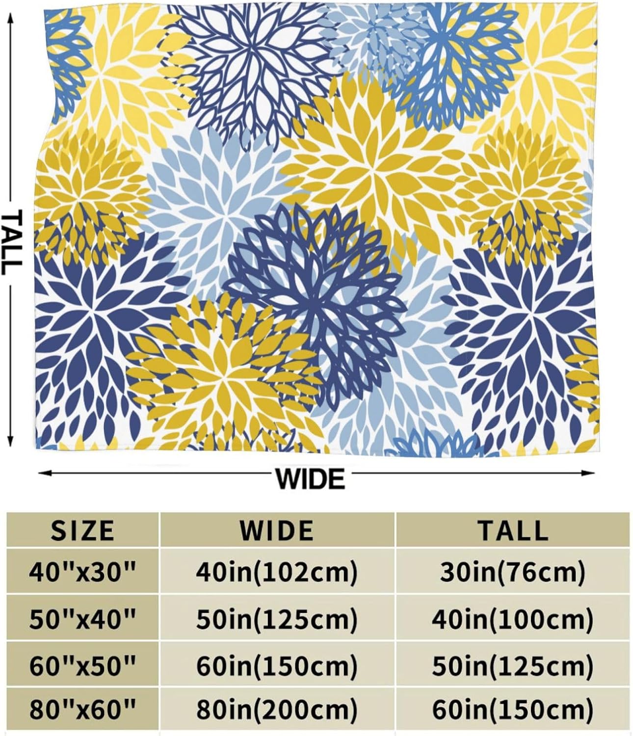 Blue Yellow and Navy Chrysanthemum Flowers Throw Blankets All Season Ultra Soft Warm Daisy Floral Fleece Blanket for Home Bed Sofa Couch Chair Outdoor Travel Camping 40x30 Inch