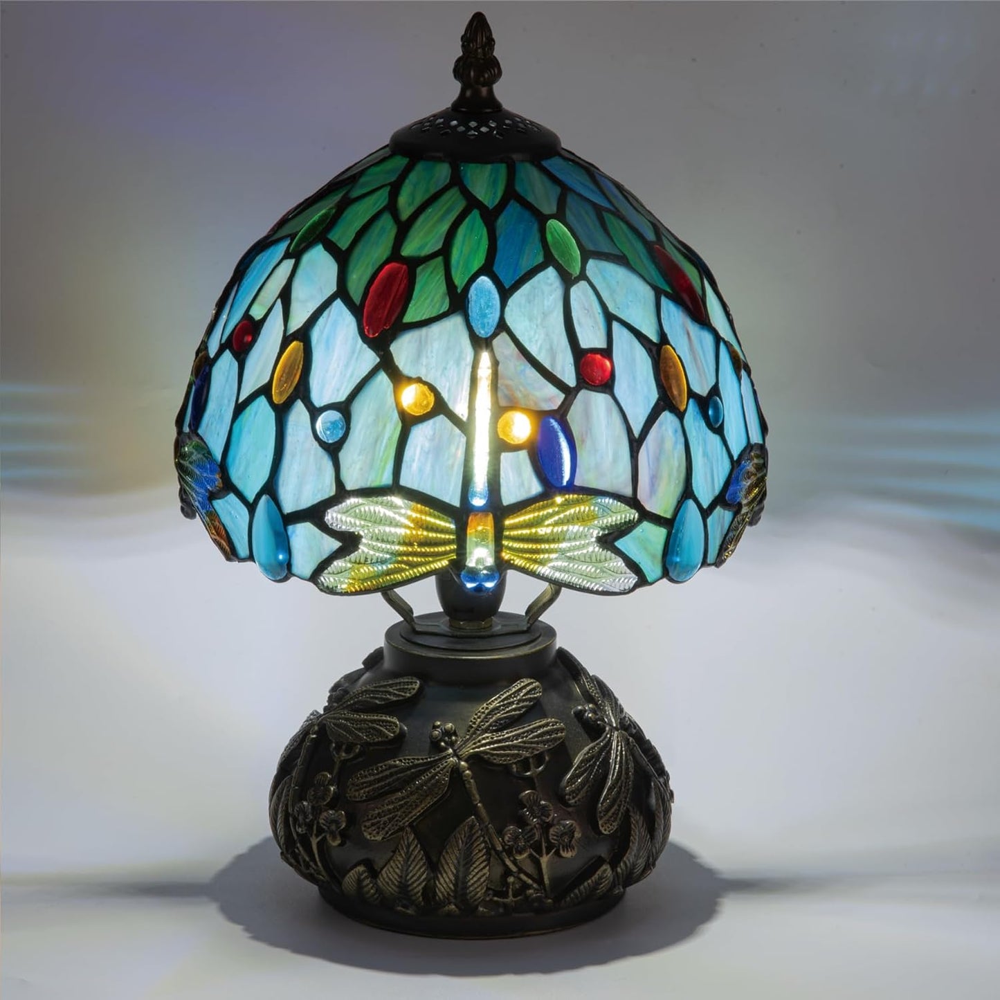 Tiffany Style Stained Glass Mushroom Bedside Table Lamp 8-inch Green Blue Dragonfly Beautiful Shade Nightstand Light for Bedroom Dorm Living Hallway Coffee Table Home Office Housewarming Gift