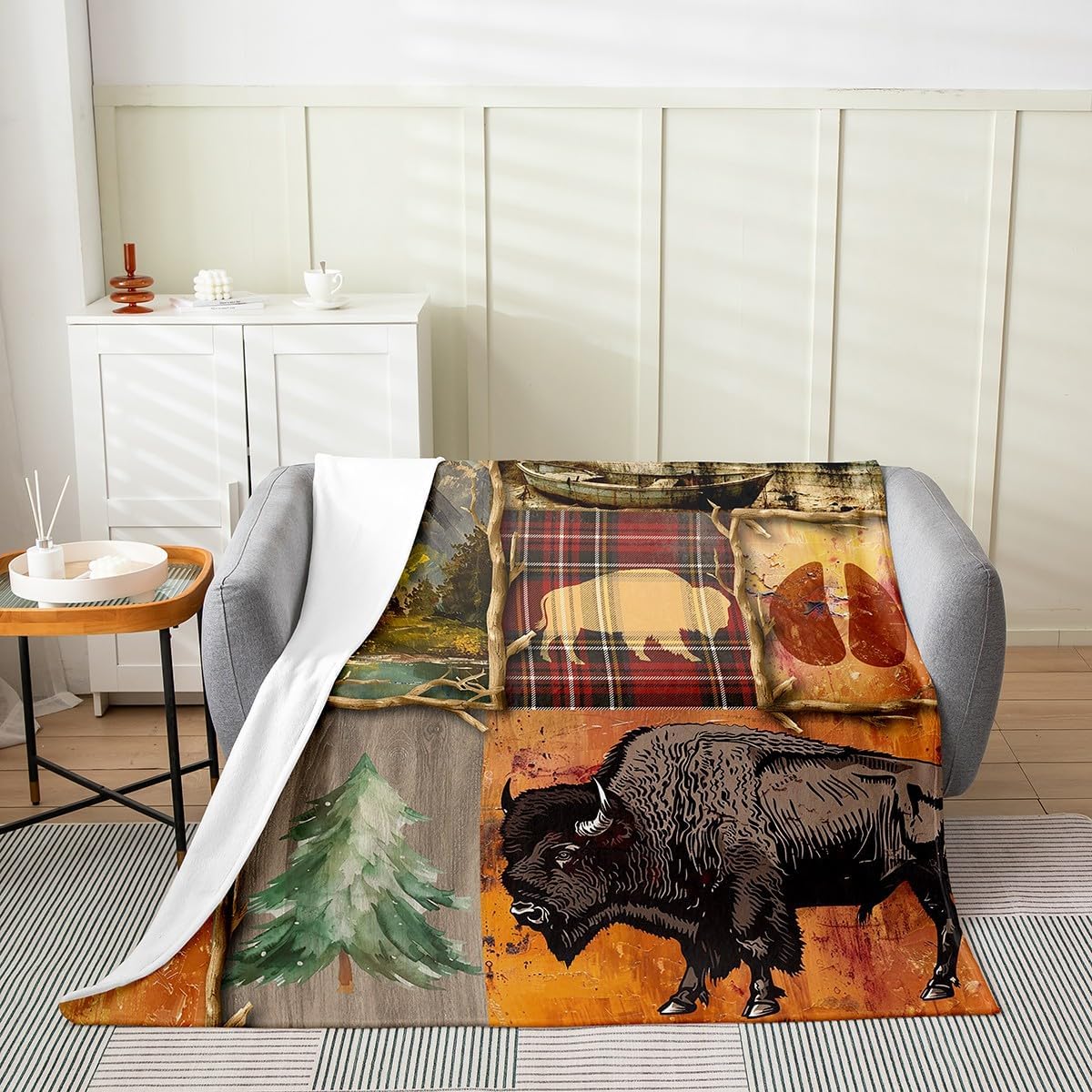 Feelyou Buffalo Fuzzy Blanket Throw 50"x60" Wild American Bison Flannel Fleece Throw Blanket for Sofa Couch 3D Wild Animal Rustic Lodge Cabin Farmhouse All Season Bed Blanket Plaid Plush Blanket