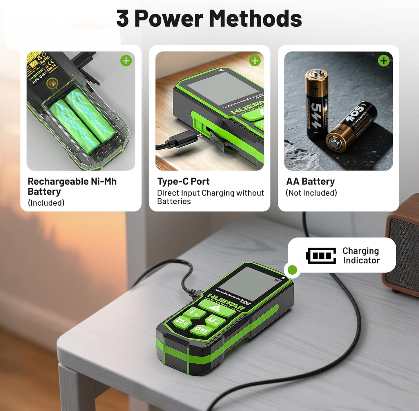 Huepar 330Ft Green Laser Measurement Tool with APP Control, Rechargeable Bluetooth Distance Meter ±1/16" High Accuracy, Angle Sensor, Multiple Modes, IP54 Waterproof Durable for Home & Construction