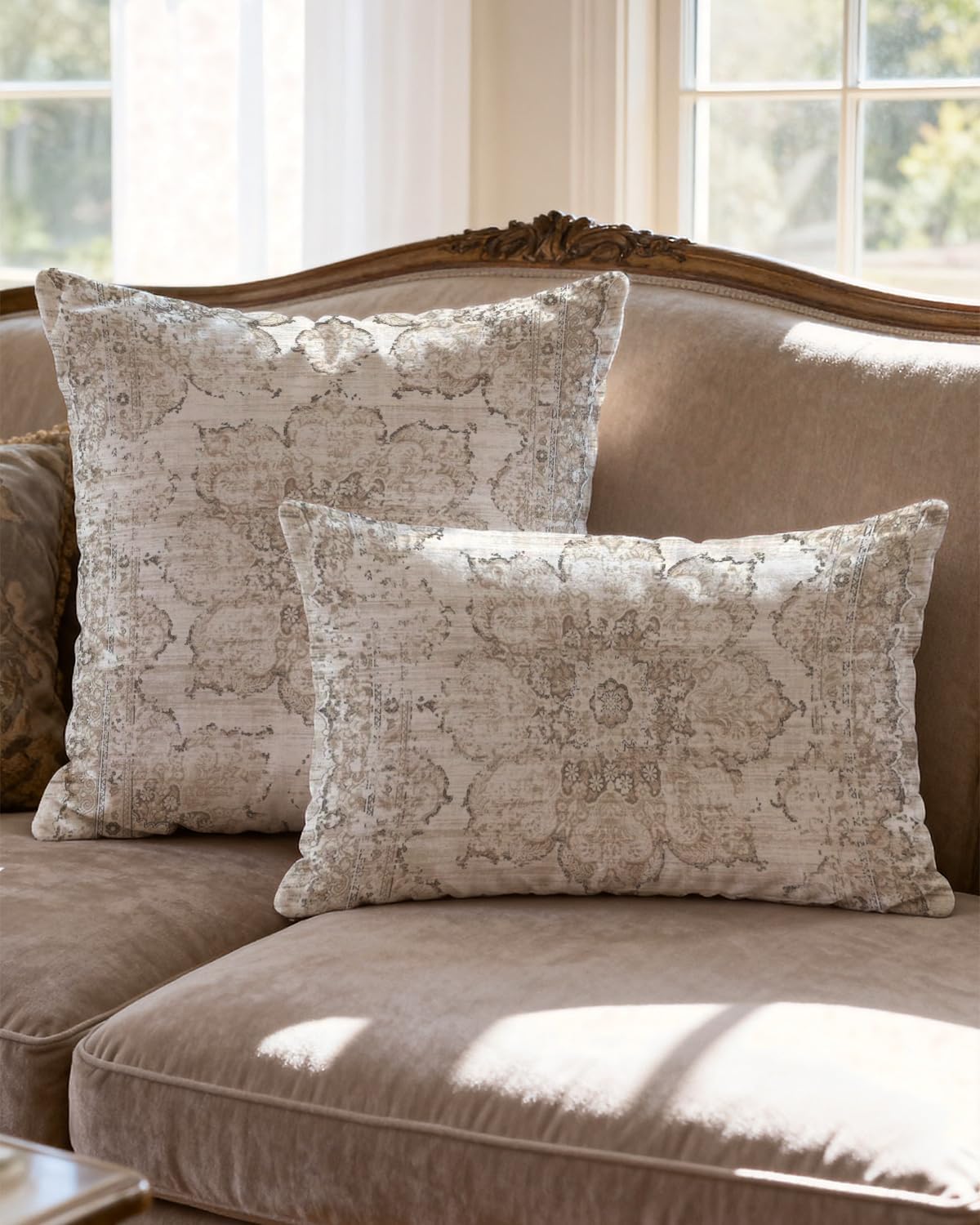 Lumbar Pillow Cover 12x20 – Neutral Boho Medallion Rug Pattern Cushion Cover, Vintage Distressed Beige Throw Pillow Case for Couch, Sofa, Bed, Farmhouse Decor