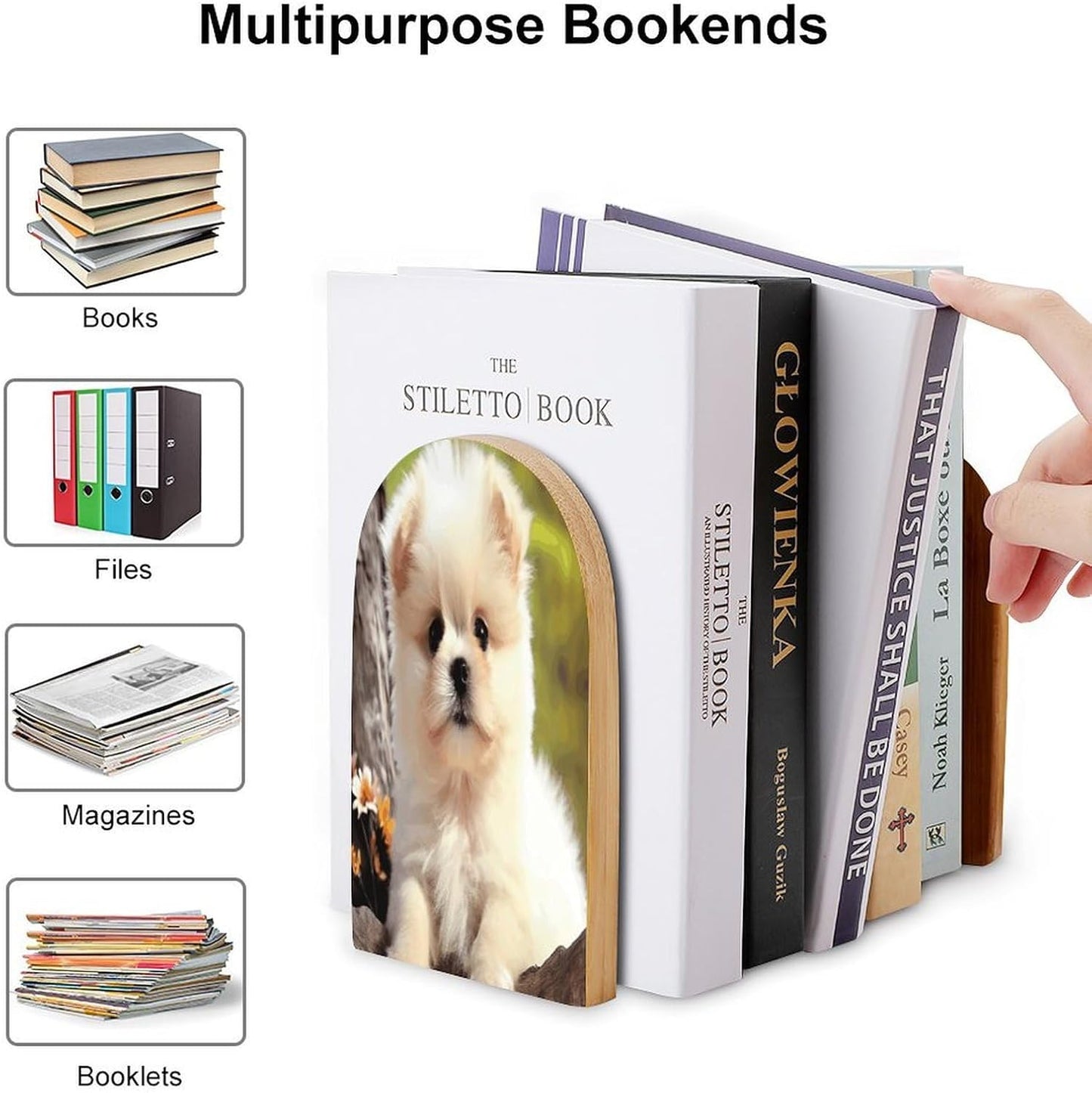 Cute Dog Bookend for Shelves Wooden Book End Large Size Sturdy Book Holders Stoppers with Metal Base for Bookshelves Slick Decorative Bookends Stands