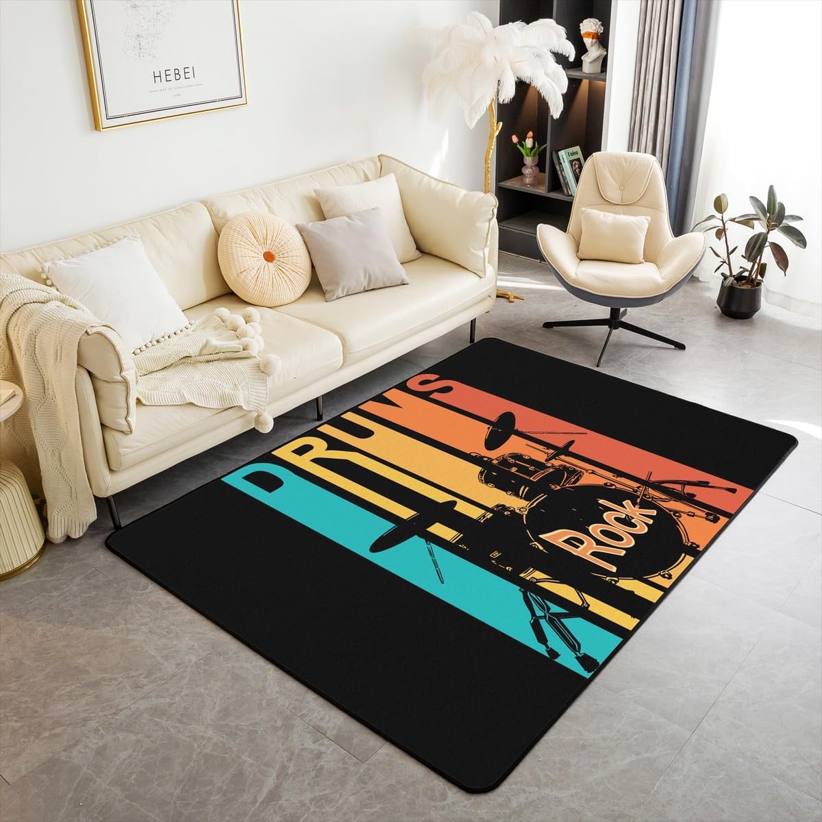 Erosebridal Drum Kit Living Room Rugs 5x7,Rainbow Drums Area Rug for Kids Child Boys Girls,Hippie Rock Music Carpet Non Slip,Grunge Musical Instrument Indoor Floor Mat