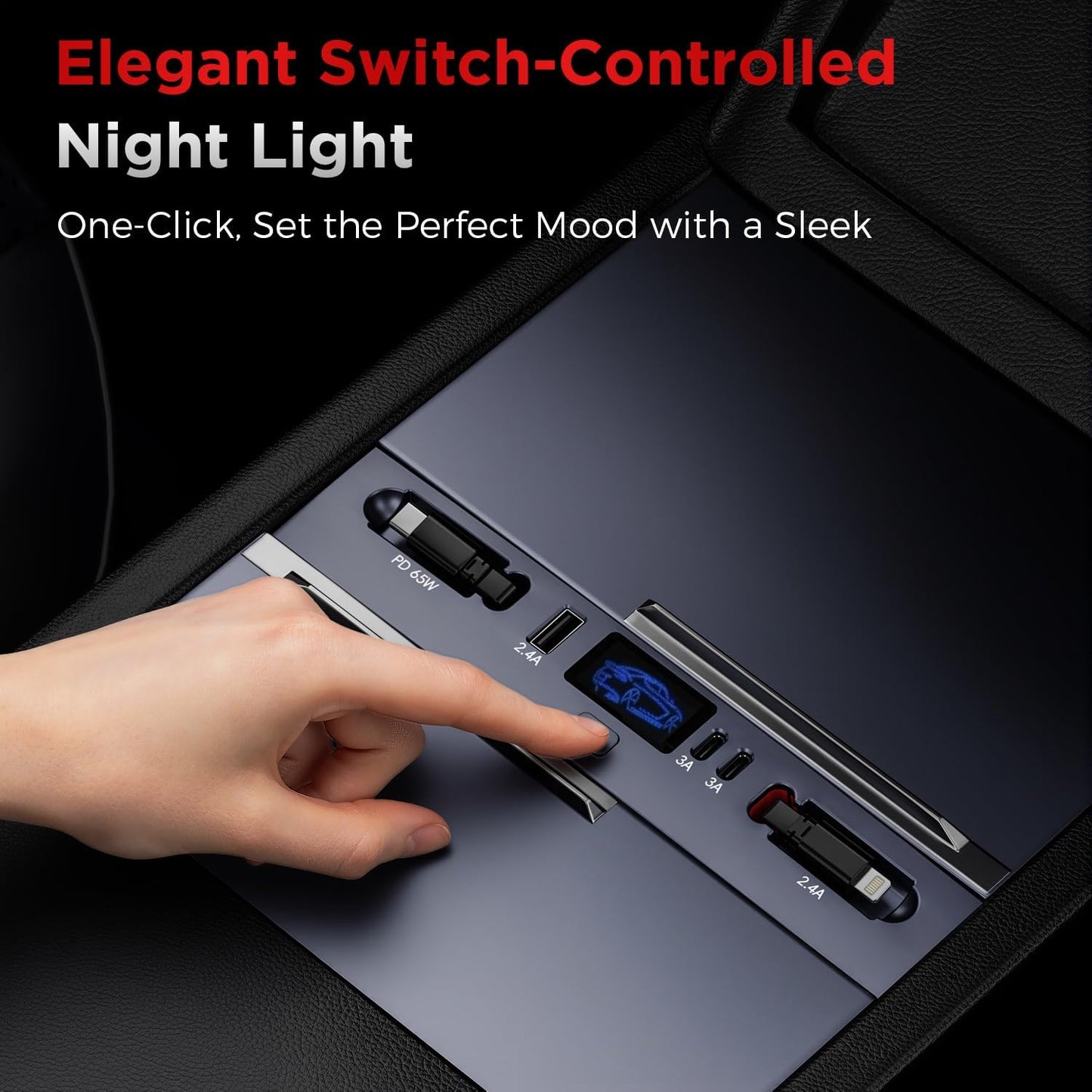 65W USB Charger Hub for Tesla Model Y Juniper 2026 & Model 3 Highland 2024 2025 Accessories, Fast Charging with Retractable Cables, 5-Port USB Charger Docking Station fit Tesla Center Console