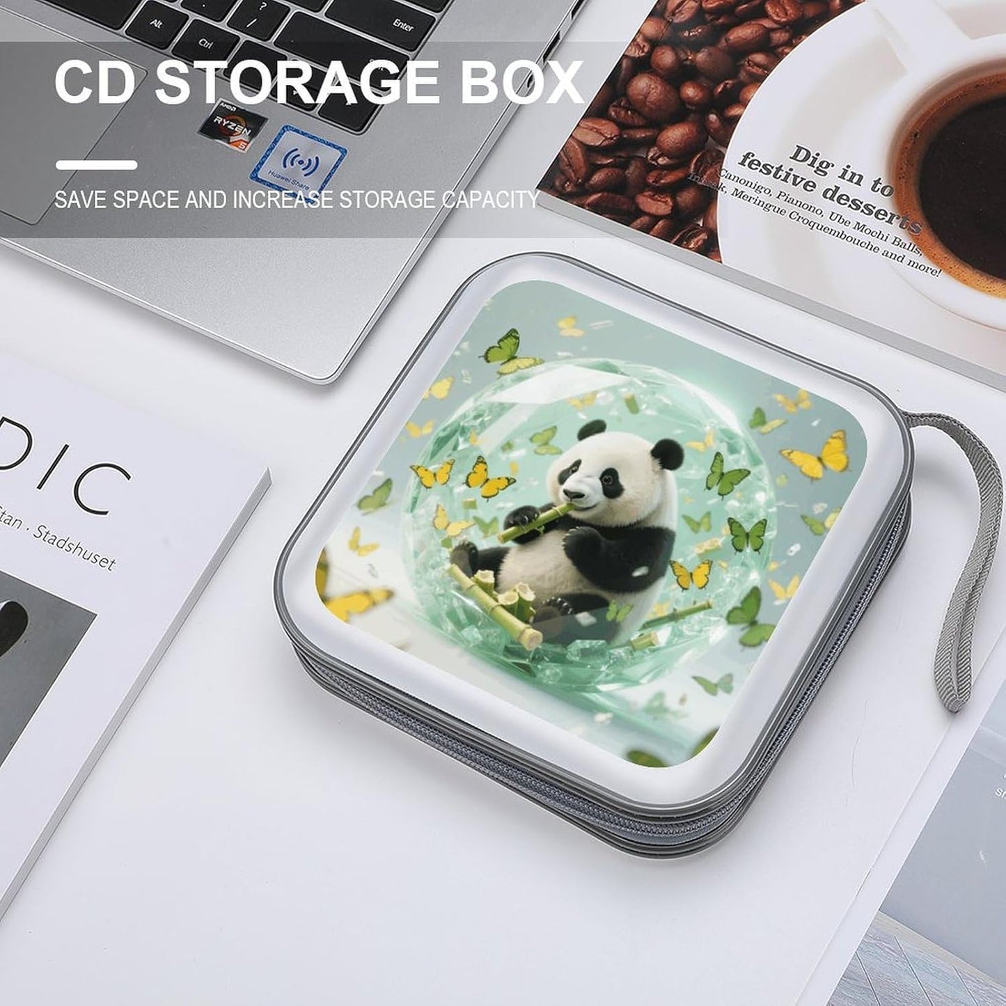 Green Crystal Storm Panda CD Case Portable Zipper CD Case 40 Capacity Hard Plastic DVD Cases Holder Large Storage Disc Wallet Bag for Car Home Travel DVD Collection Bag