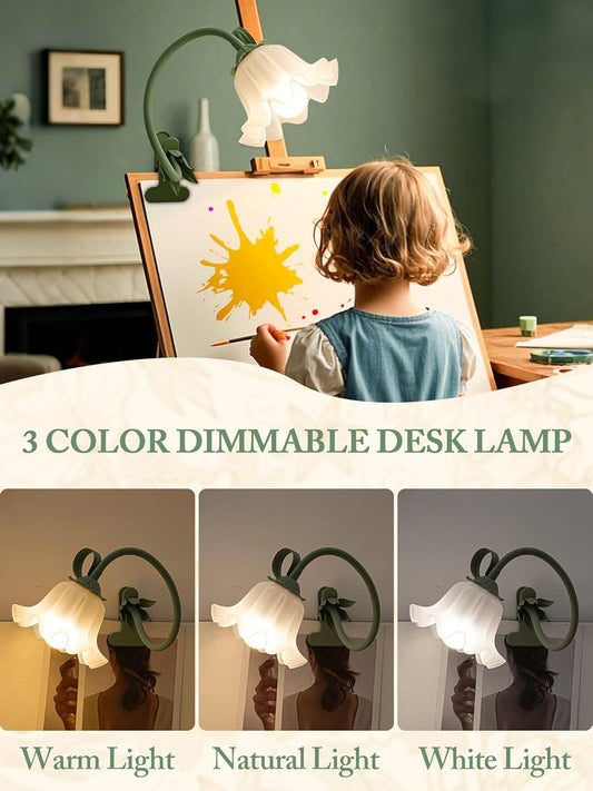 Flower Desk Lamp,LED Reading Light 360°Rotation Clip on Lamps,Vintage Flower Bedside Night Light,3 Colors Modes Book Lights Decor for Bedroom Bed Headboard Office Lighting Table Lamp Home Decoration