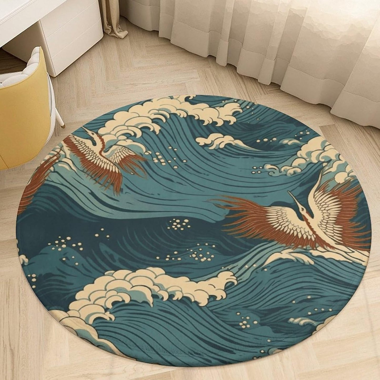 Japan Wave Wallpapers Circle Rug Retro Luxury Coral Velvet Floor Mat Non Slip Soft Indoor Floor Carpet Comfy Thickened Area Rugs Modern Aesthetic Minimalist Carpets for Home Decor