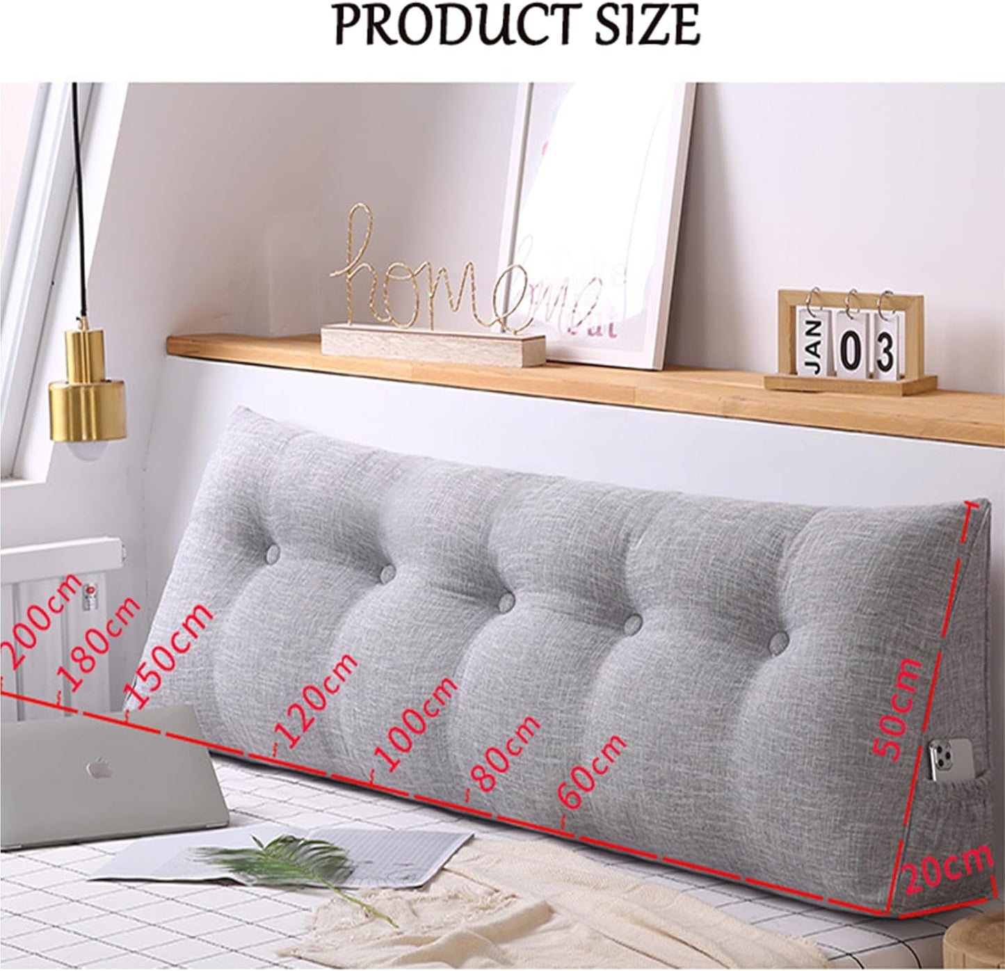 Headboard Wedge Reading Pillow, Headboard Backrest Wedge Pillow Twin with Detachable Cover, Back Support Cushion, Lumbar Support Cushion Waist Backrest,H,120cm