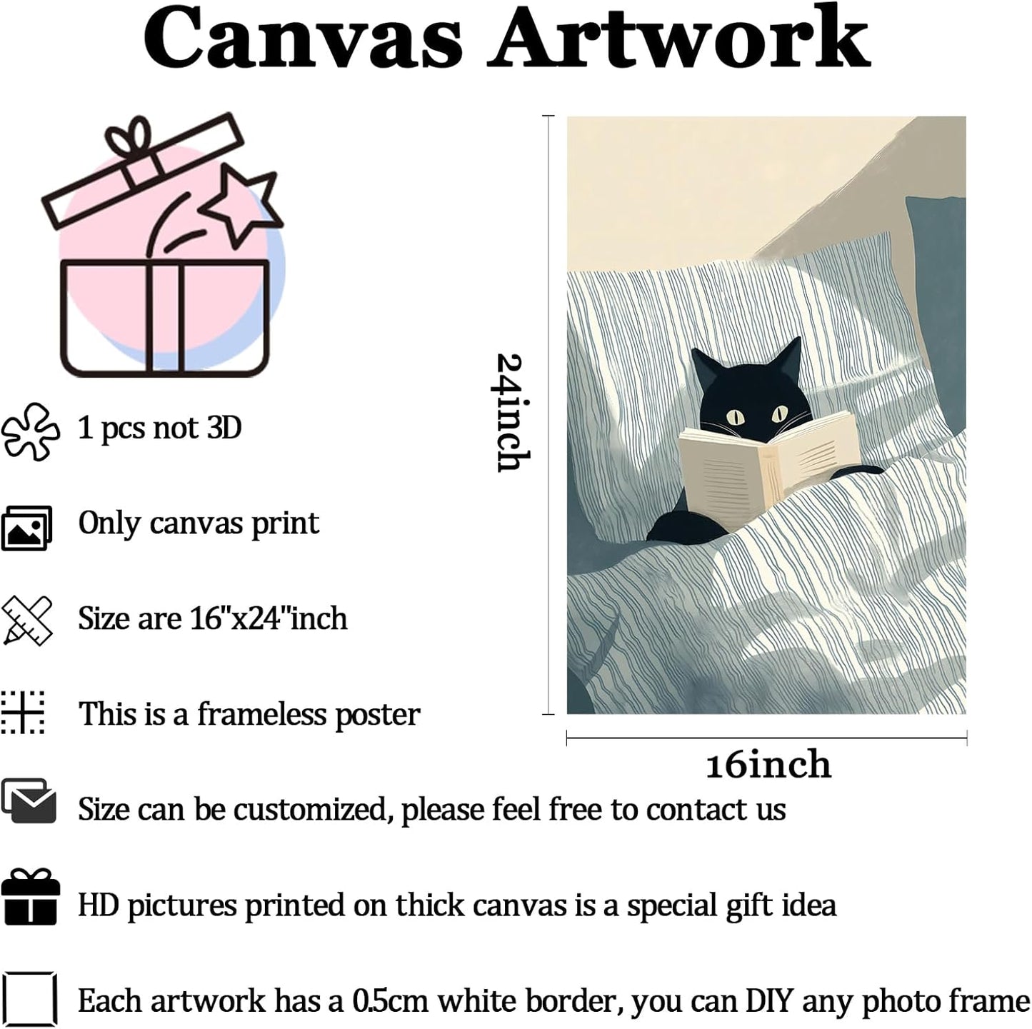Cute Funny Cat Picture Abstract Animals Canvas Wall Art black artwork Cats Cool Read Books Poster Whimsical Prints Animal Aesthetic painting Eclectic Cat Wall Art Cute Kitty Canvas 16x24inch No Frame