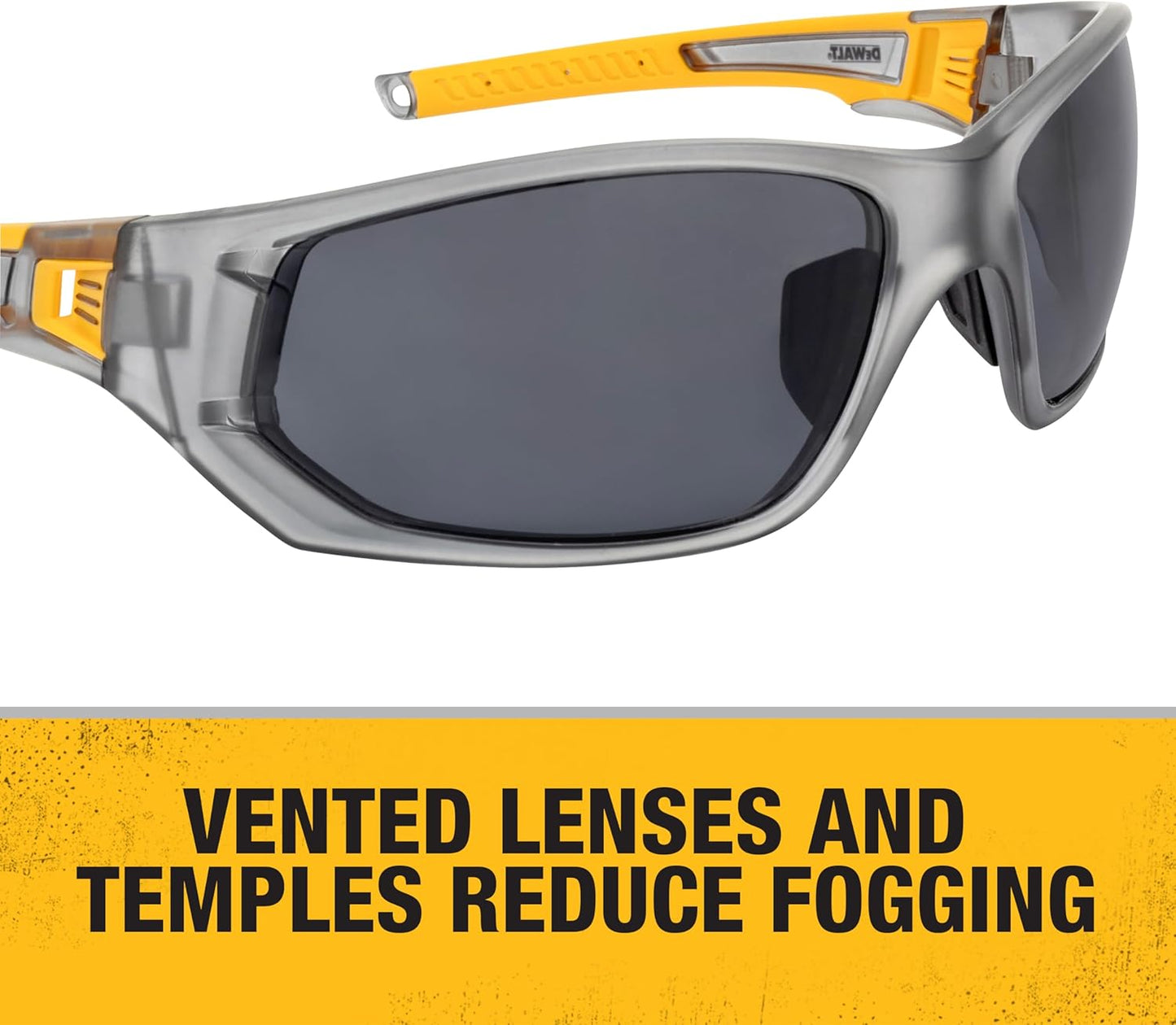 DEWALT DPG112-2D Miter™ Premium Vented No-Slip Safety Glasses – Smoke Lens – Vented Frame & Lenses – Rubber Temples & Nosepiece – 1 Pair