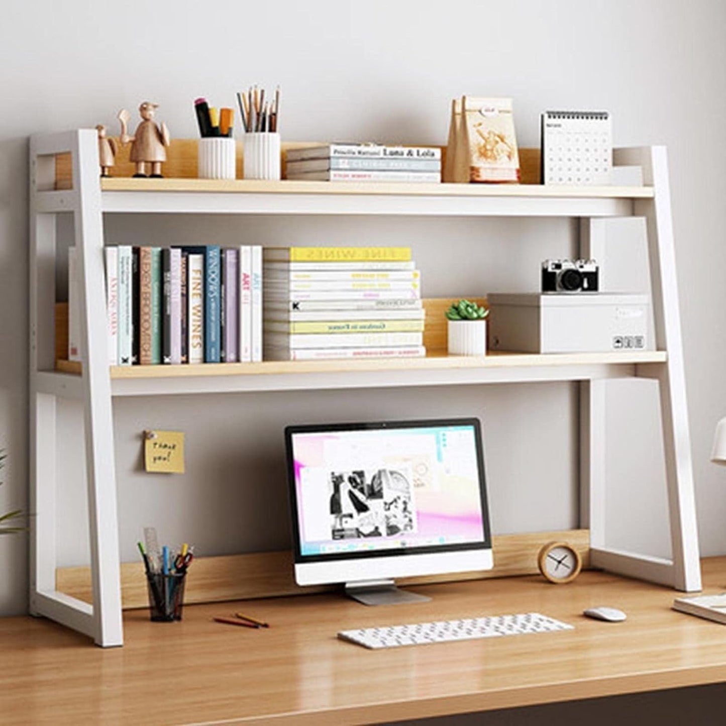Metal Frame 2-Tier Countertop Hutch Bookcase Organizer – Desktop Bookshelf for Home Office Storage & Display Rack (Size: 95cm) – Modern Industrial Design
