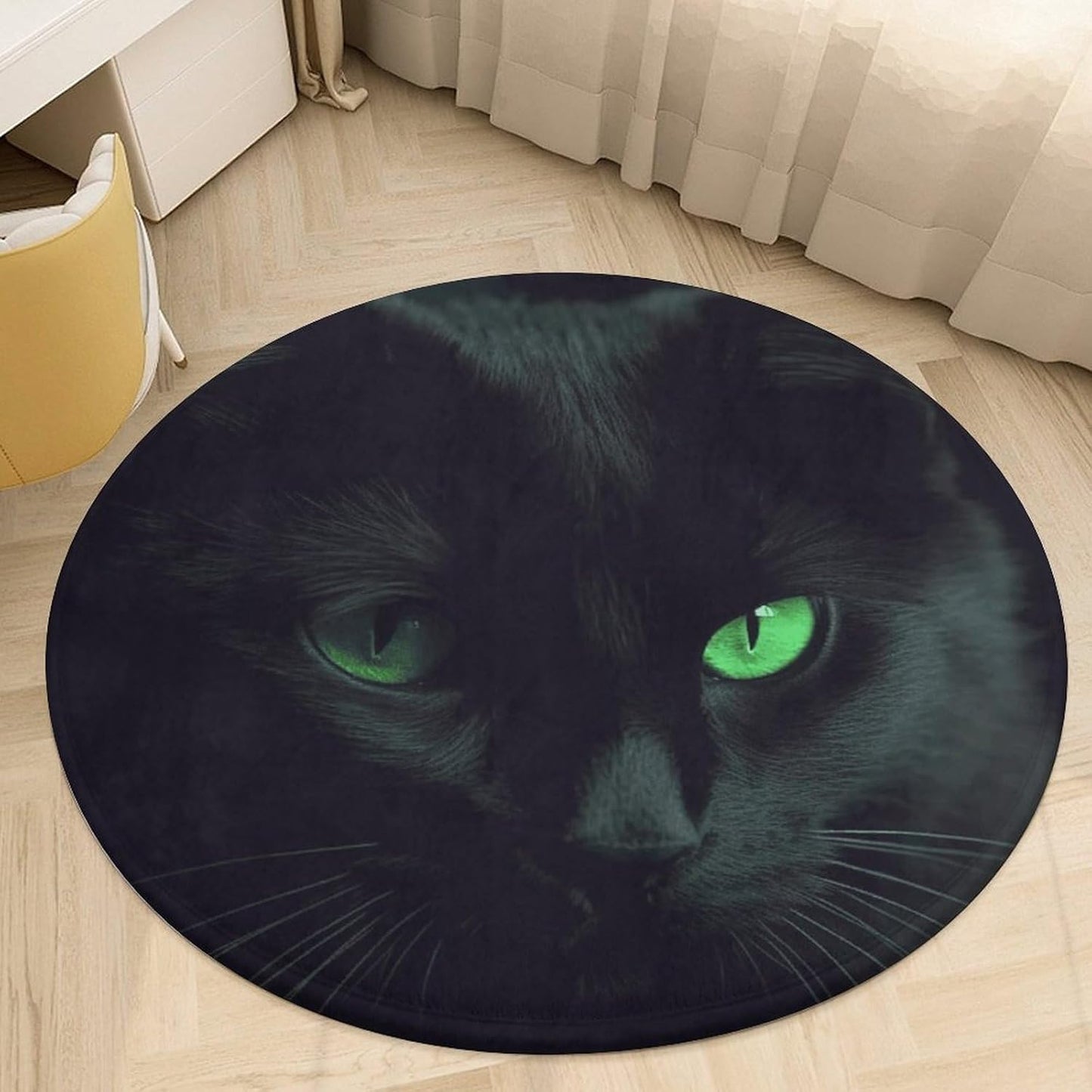 Black Cat Green Eyes Circle Rug Retro Luxury Coral Velvet Floor Mat Non Slip Soft Indoor Floor Carpet Comfy Thickened Area Rugs Modern Aesthetic Minimalist Carpets for Home Decor