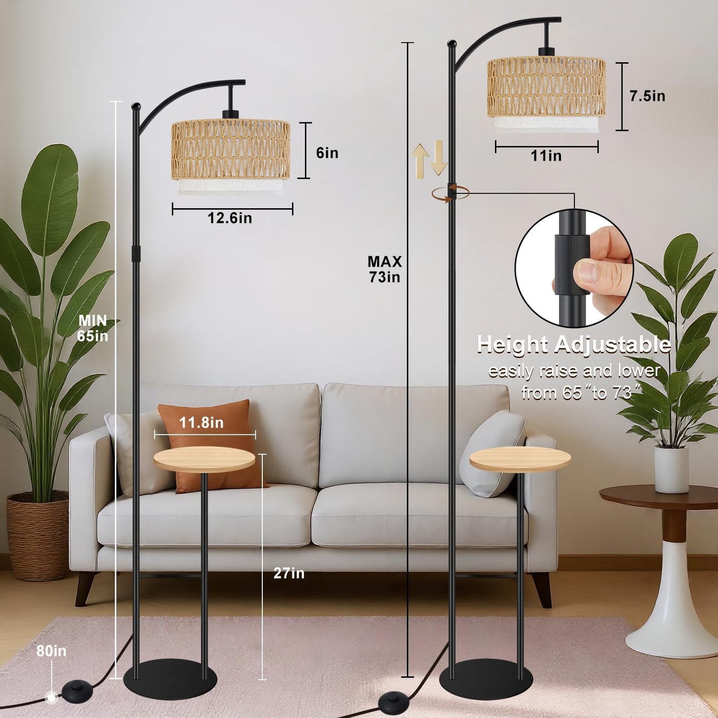 Arc Floor Lamp with Table, Boho Rattan Floor Lamps for Living Room with Remote Dimmable 3 Color Temperature, Wicker Standing Lamp Double Lampshades,Rustic Tall Lamps for Bedroom Office Corner