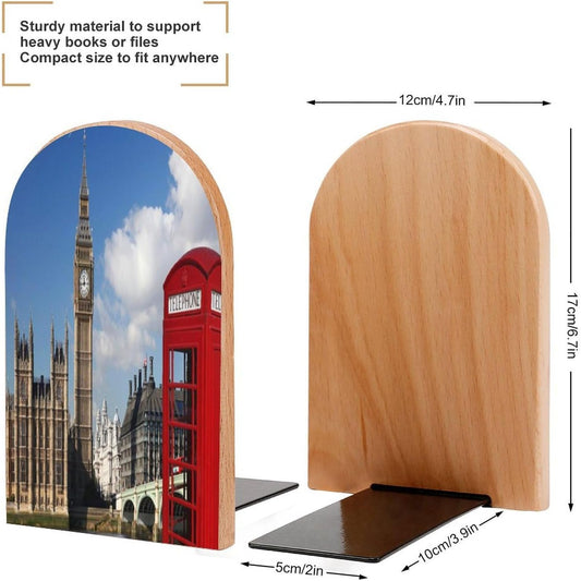 London Big Ben Wooden Bookend Non-Slip Book Ends Heavy Duty Book Stopper with Metal Base Books Holderd Decorative Bookends Stands Firmly for Office Supplies