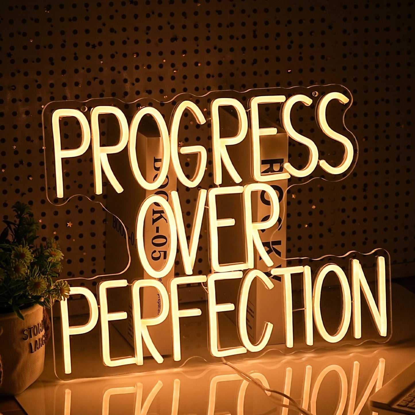 Progress Over Perfection Neon Sign for Wall Decor Dimmable Warm White Words Led Light Up Sign USB Powered LED Letters Neon Light for Classroom Bedroom Library Study Room(16.5 * 12.6In)