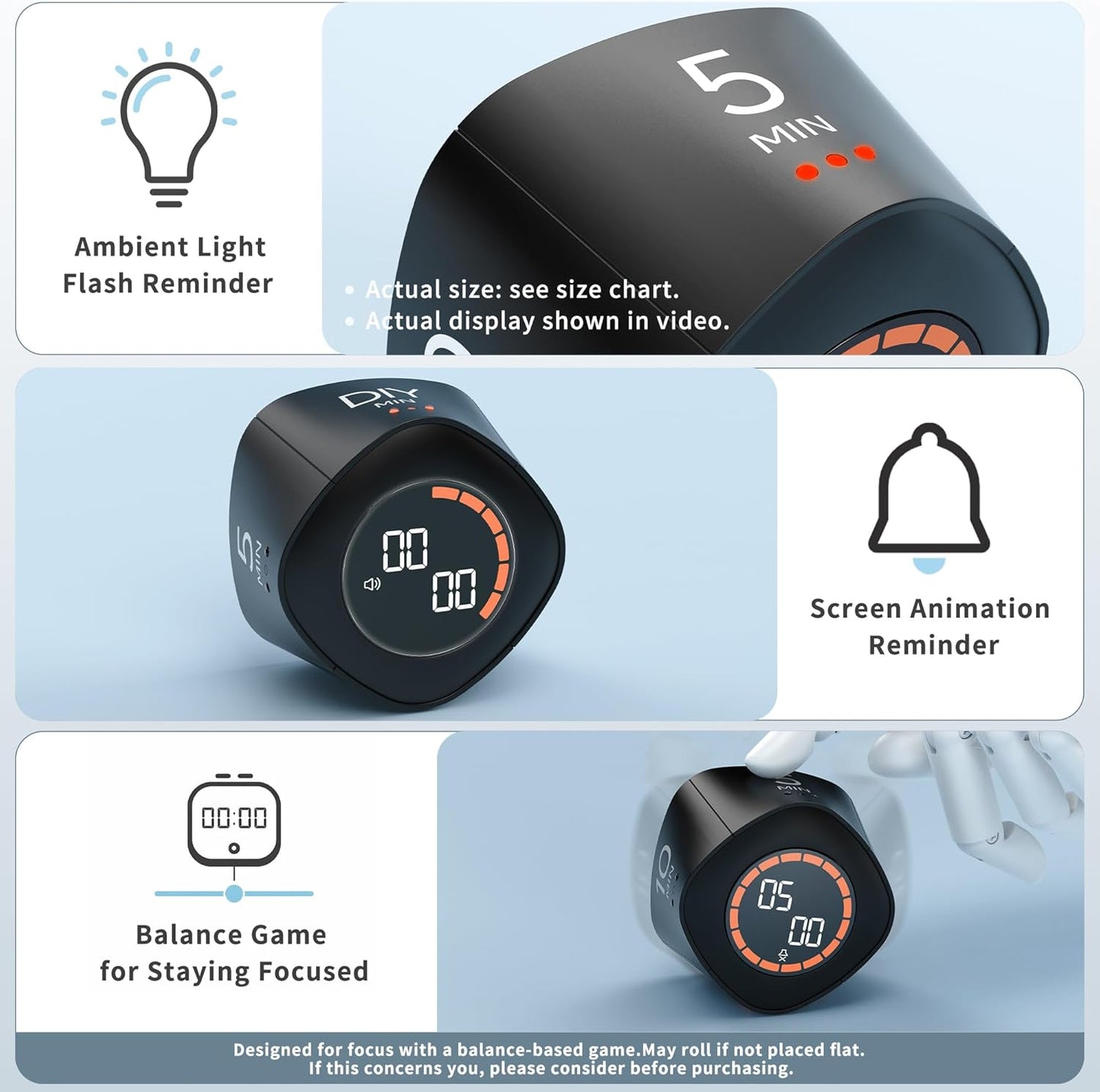 VEWINGL Cube Productivity Timer, 5/10/25/DIY Min Presets + Count-Up Mode, Time Display & Alarm Clock, Sound/Vibrate/Silent Alerts, Pause & Resume, Desk Timer for Work, Study, Kitchen (Black)