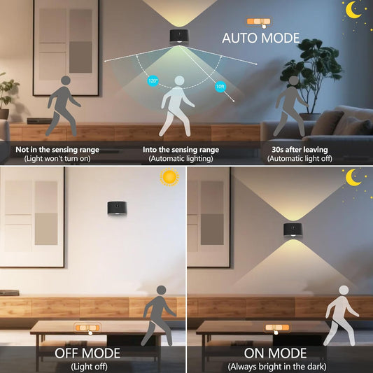 Rechargeable Motion Sensor Wall Light, Wireless Wall Sconce - Magnetic Base, Dimmable 3000K Warm White, 3 Modes (ON/AUTO/Off) for Closet, Stairs, Living Room - Indoor LED Wall Lamp (Black)