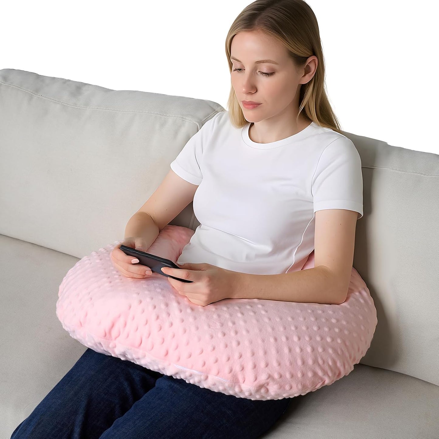 Reading Pillow for Gaming Reading Crochet, U Shaped Arm Support Pillow with Removable Cover Reducing Arching Neck for Adult Reading and Working Sitting on Bed Sofa for Arm Rest (Pink)