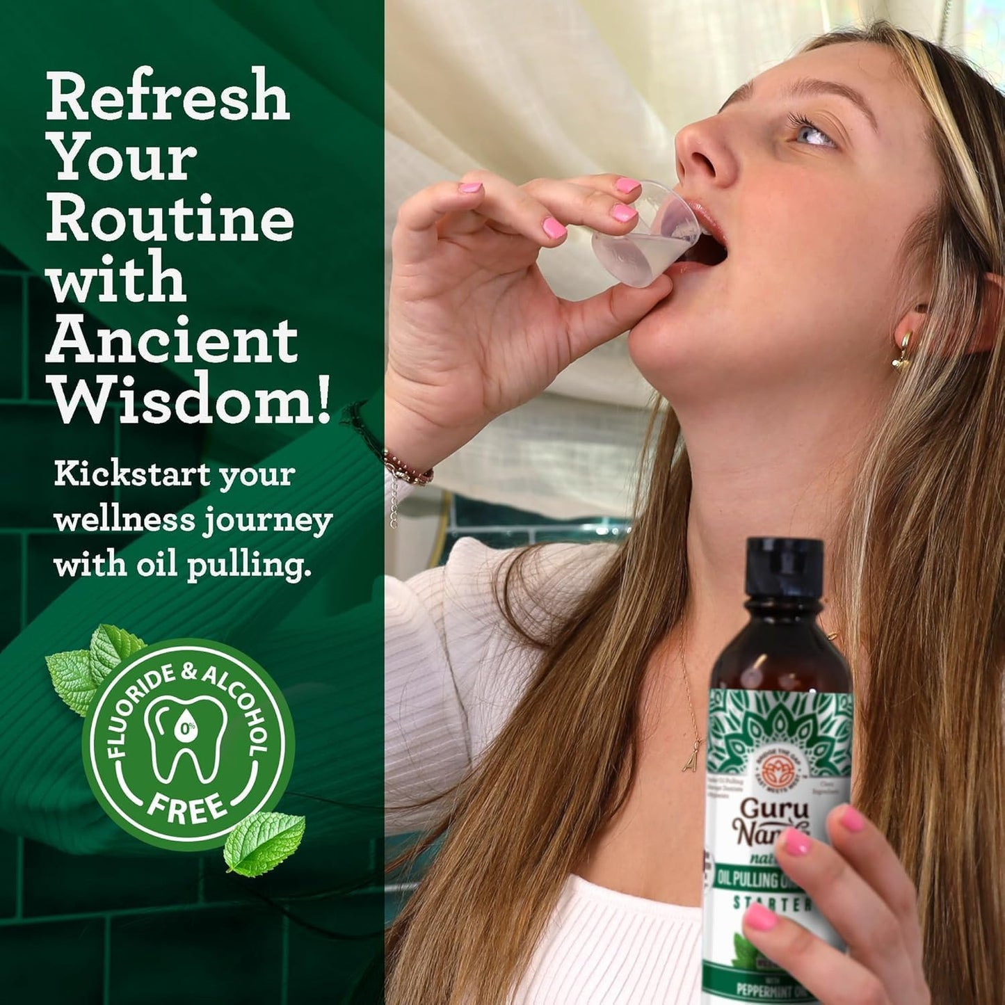 GuruNanda Starter Pulling Oil Mouthwash for Natural Teeth Whitening, Coconut and Peppermint Oil for Fresh Breath & Happy Gums, Alcohol-Free, 8 Oz