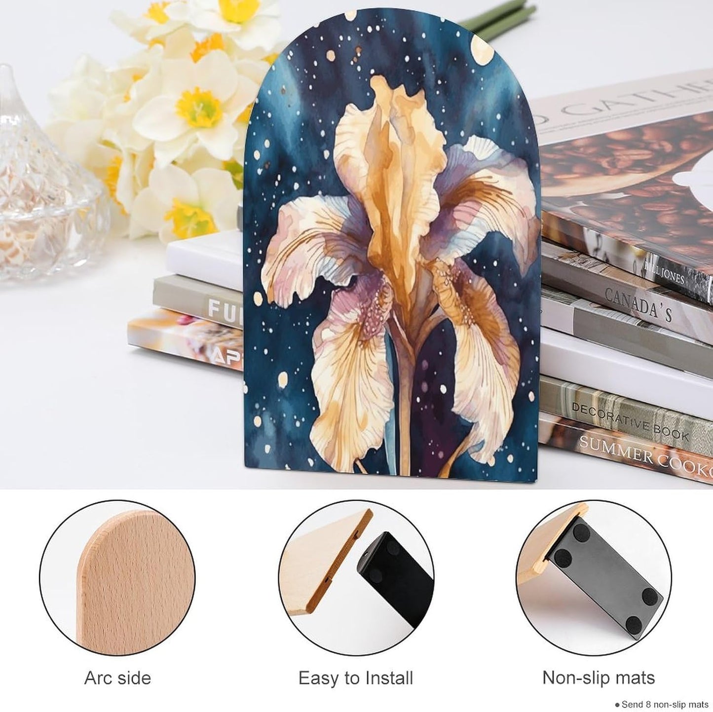 Iris Flower Image Bookend for Shelves Wooden Book End Large Size Sturdy Book Holders Stoppers with Metal Base for Bookshelves Slick Decorative Bookends Stands