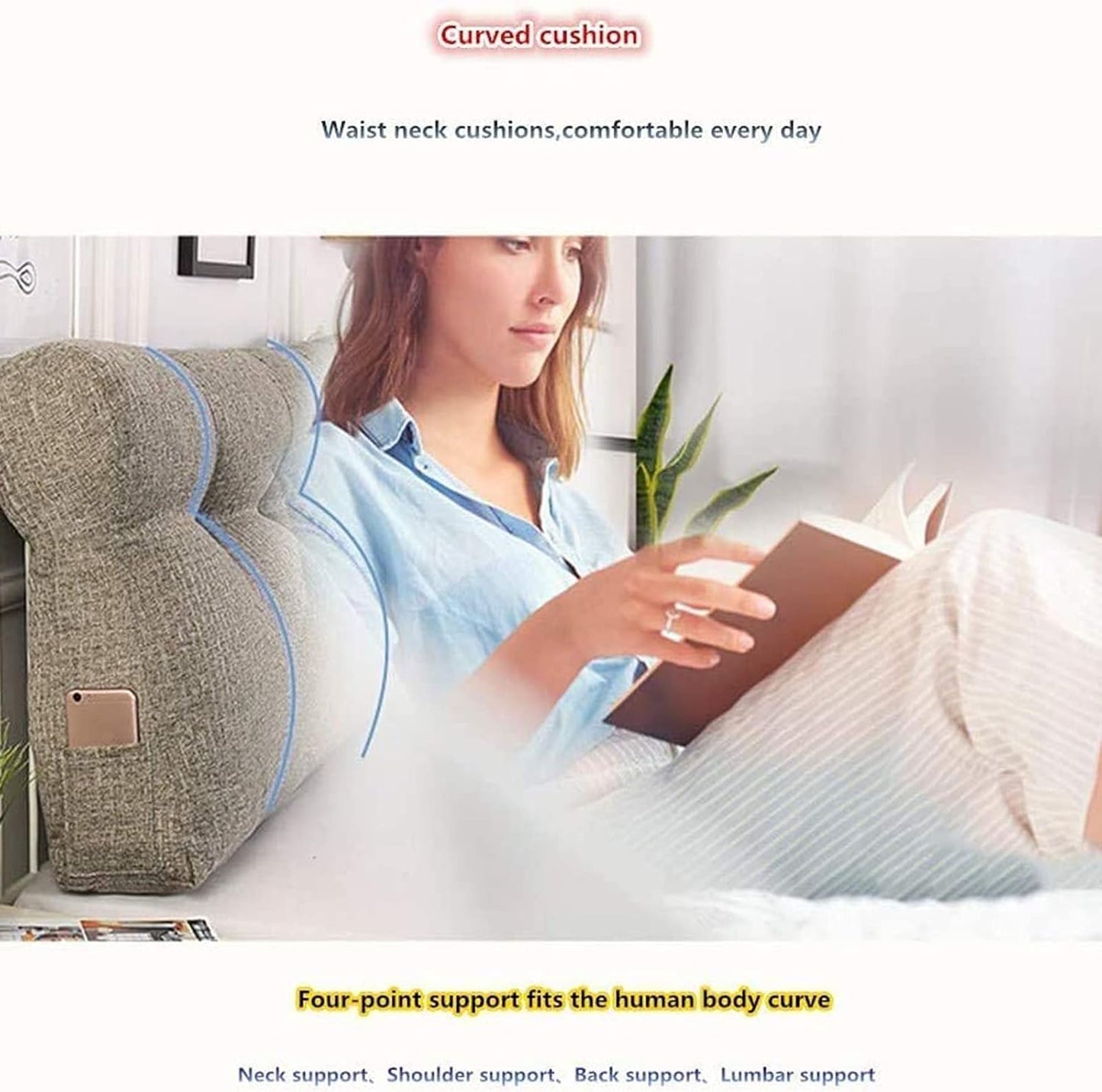 RXBFD Simple Curve Triangle Wedge Cushion Detachable Reading Pillow Cushion for Sofa Bed Large Soft Headboard Double Bedroom Soft Comfortable Backrest Lumbar Pad