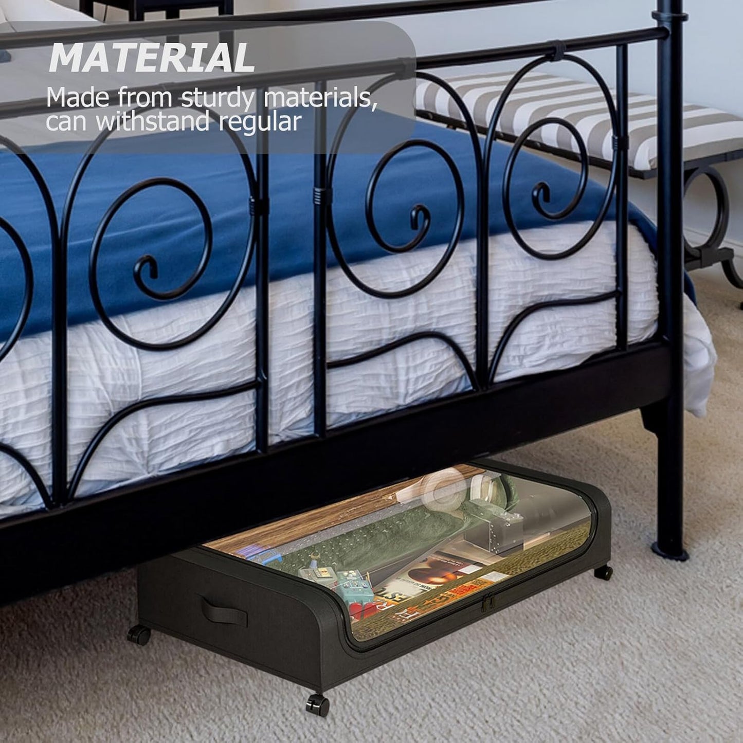PRETYZOOM Bed Storage Drawers with Lid and Wheels, Large Black Iron Frame Clothes Organizer with Fabric Base, Rolling Underbed Storage Cart for Clothes, Shoes, and Books