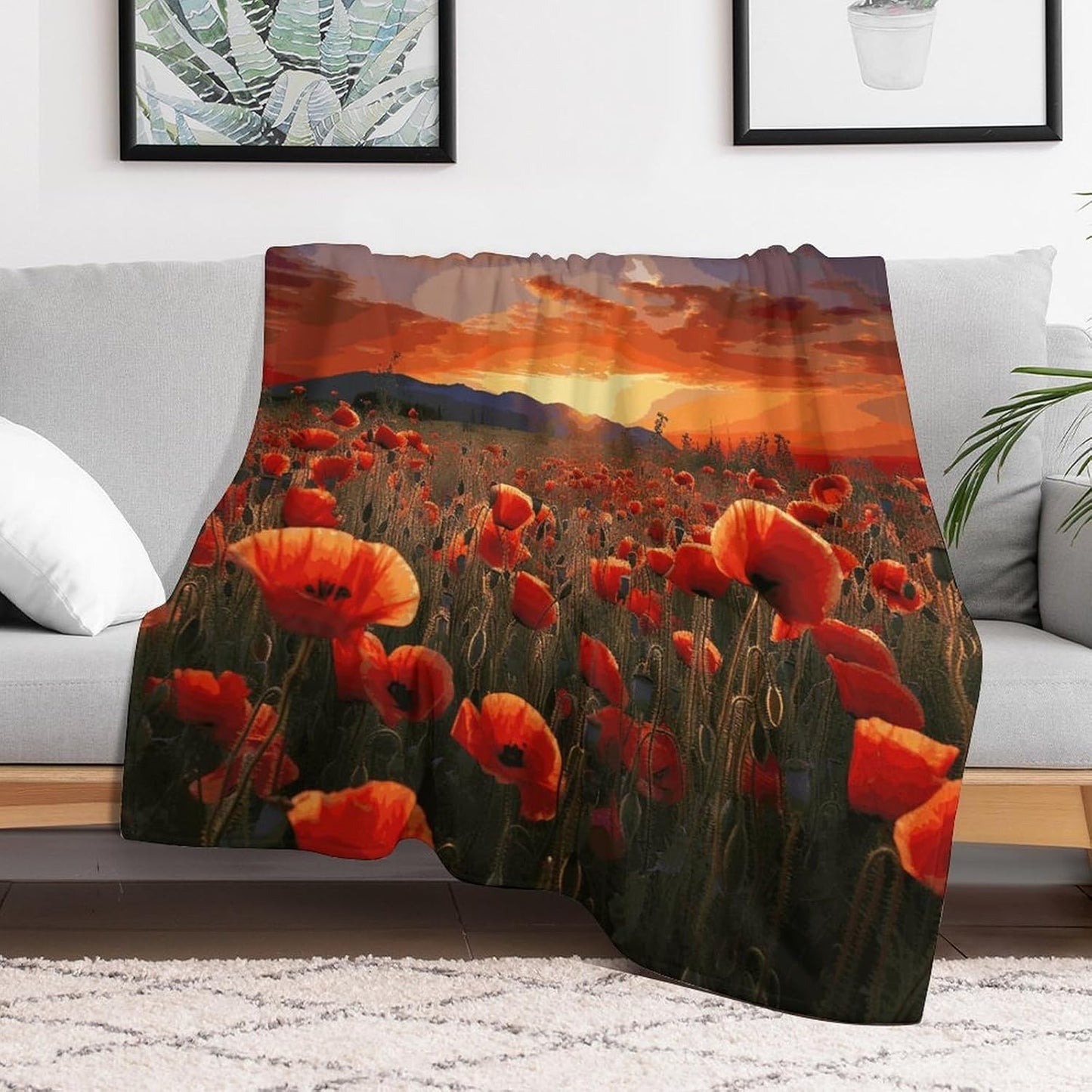 Red Poppy Flower Field in Sunset Blanket Super Soft Lightweight Throw Blanket Cute Cozy Warm Bed Blanket Decorative Fuzzy Blanket All-Season Home Decor Gift for Sofa Couch Living Room 40"*50" （100*130
