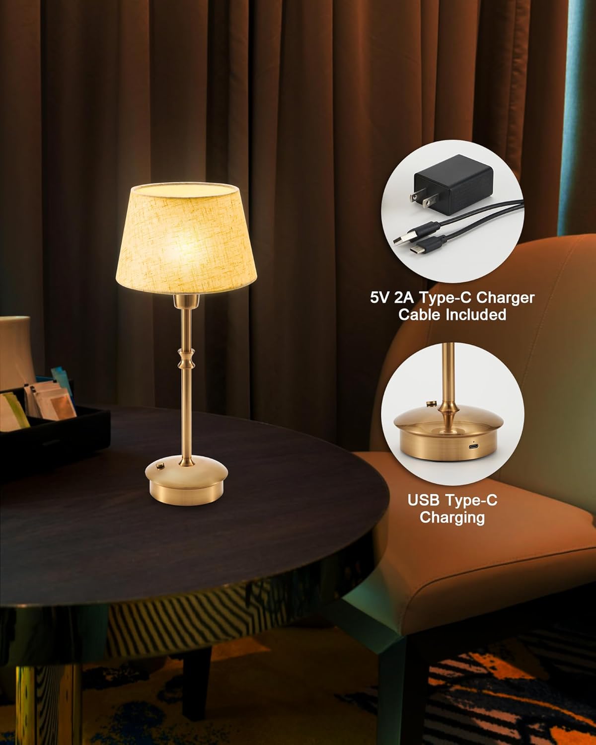 UMEXUS Small Cordless Lamp Rechargeable Table Lamps Set of 2, Dimmable Battery Operated Lights, Portable Accent Light for Side Table Restaurant Dining Outdoor, Beige Fabric Shade, Antique Brass
