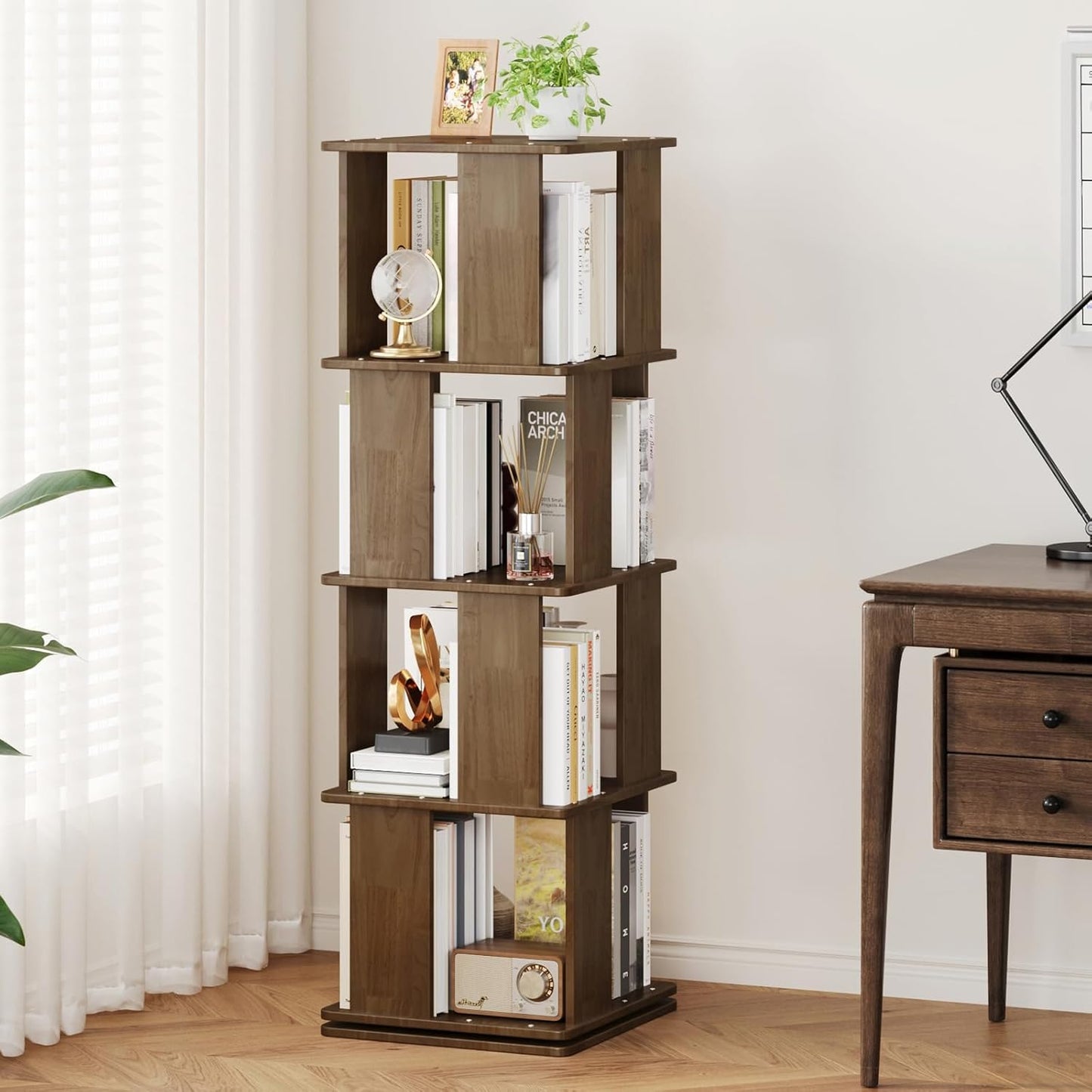 Wooden Rotating Walnut Rectangle Bookshelf Tower - 4 Tier 51“ H Tall Corner Bookshelf for Small Space, 360° Spinning Revolving Solid Wood Modern Bookcase Tower for Living Room, Bedroom, Home Office