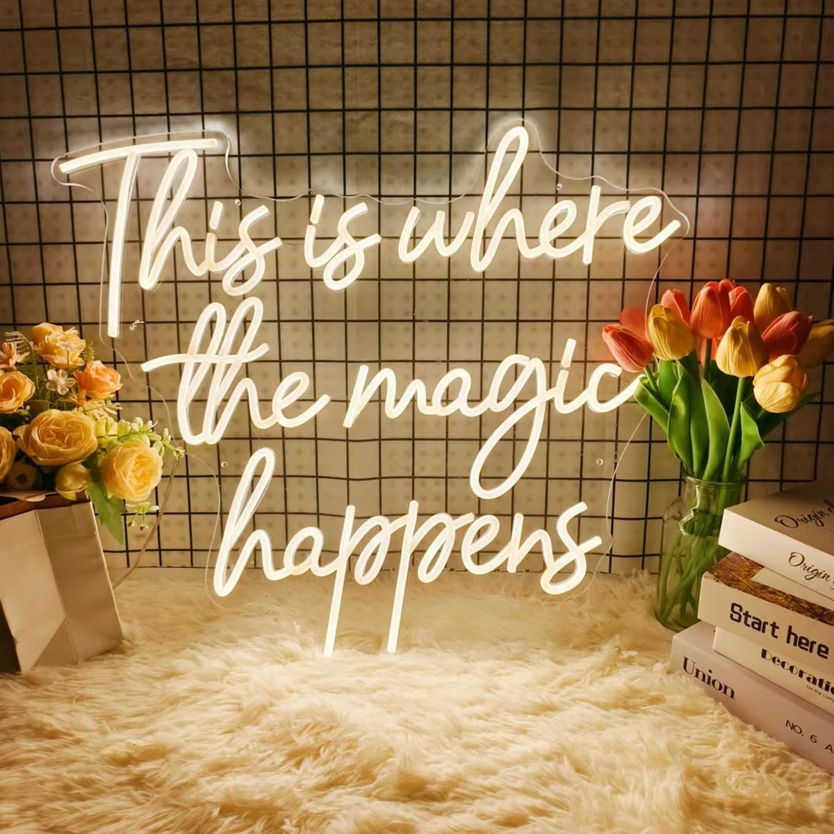 This Is Where The Magic Happens Neon Signs for Wall Décor, 24” Large LED Neon Light Signs for Wedding, Birthday, Engagement, Bachelorette Party, Bar, LED Sign gifts for boys girls, 24x20” Warm White
