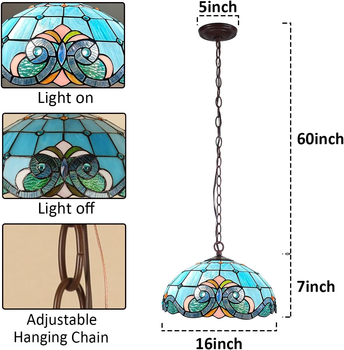 Tiffany Style Pendant Light Fixture 16" Stained Glass Hanging Lamp with Metal Chain for Dining Room Kitchen Bedroom - E26 Base 2 Lights