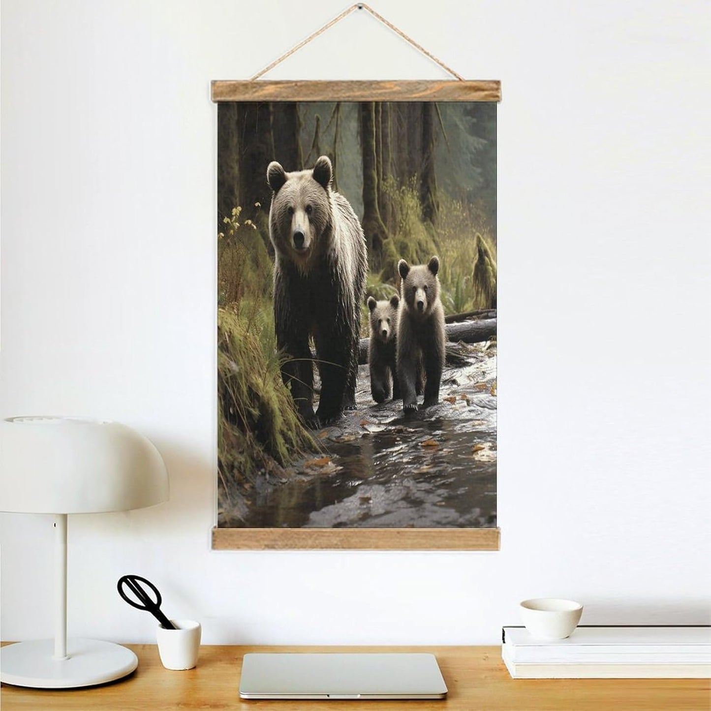 Vintage Mother Bear And Her Cubs Poster with Wooden Frame Personalized Linen Hanging Scroll Painting Rustic Wall Hanging Illustrative Modern Artwork Decor for Home Living Room Bedroom Office