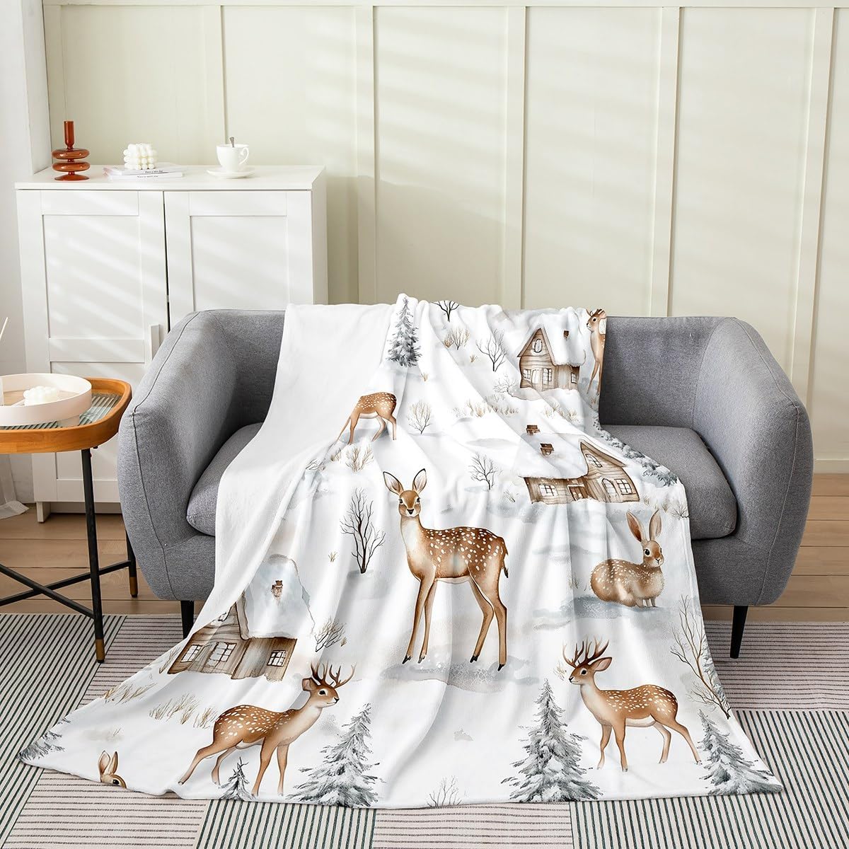 Watercolor Cute Deer Throw Blanket Winter Natural Pine Trees Flannel Blanket for Kids Teens Adults Lovely Wild Animals Rustic Farmhouse Style Bed Blanket for Bedroom Couch 30x40