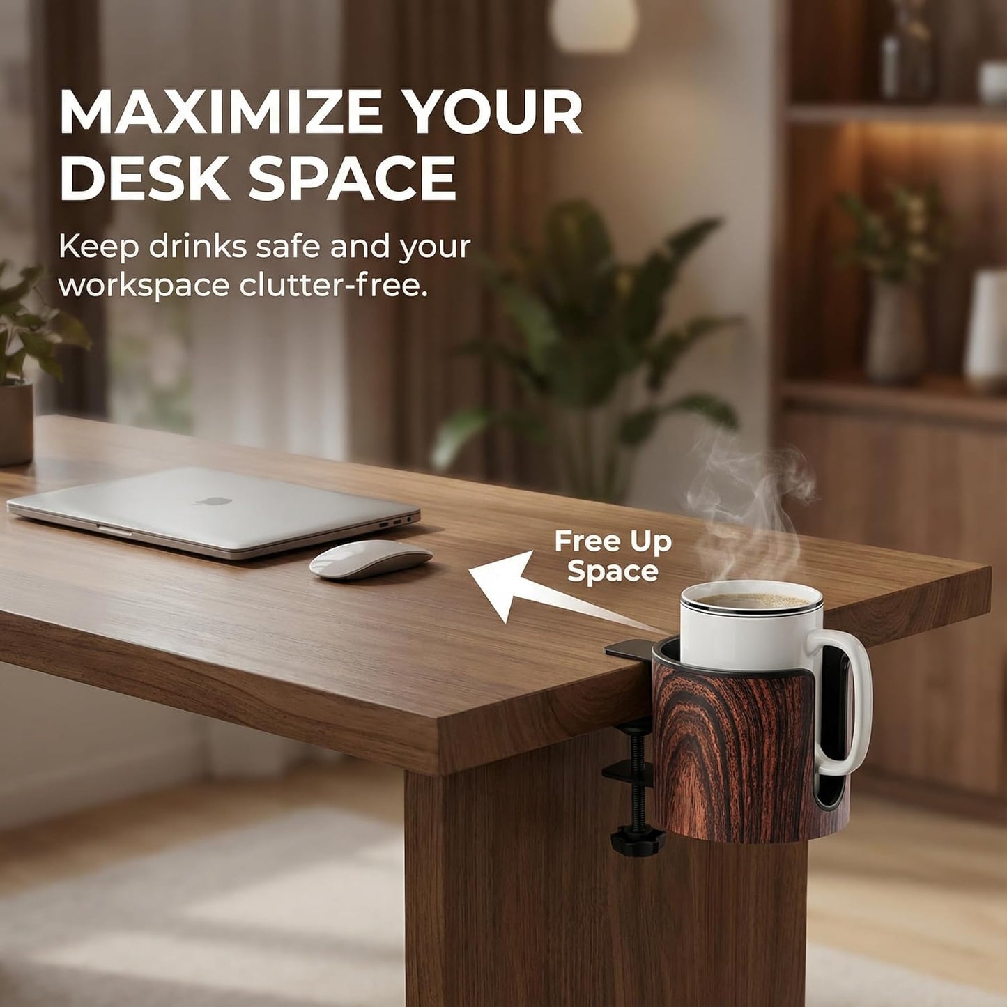Luxury 2pcs Desk Cup Holder, Tool-Free Clamp On Desk Cup Holder, Fits 40oz Tumbler Holder & 0.2-2in Thick Desks, Anti-Spill for Office, Home, Gaming (2PCS Walnut Design)