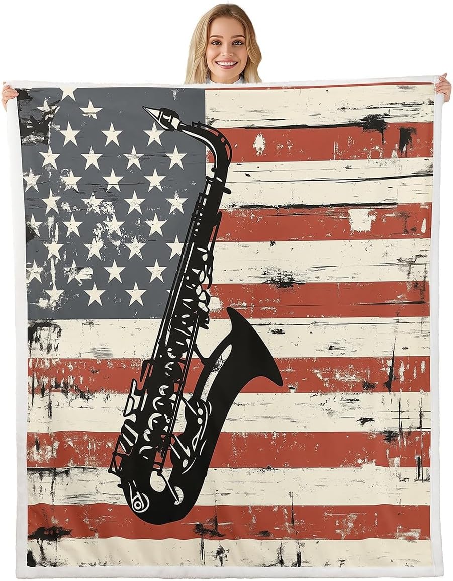 Erosebridal Saxophone Throw Blanket Queen,Vintage American Flag Blanket,Retro Classical Music Sherpa Blanket Musical Instrument Decor,Rustic Farmhouse Fleece Blanket for Adults Women Men