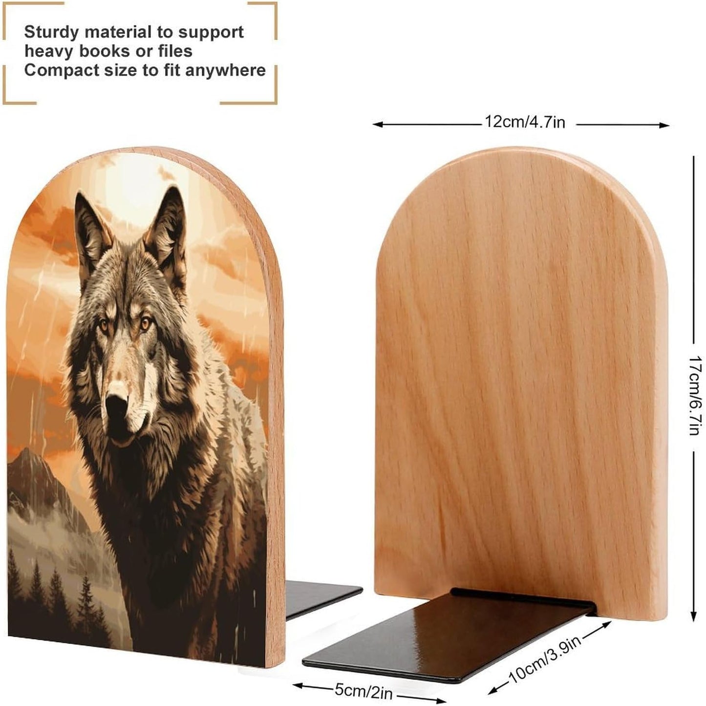 Wolf in The Sun Bookend for Shelves Wooden Book End Large Size Sturdy Book Holders Stoppers with Metal Base for Bookshelves Slick Decorative Bookends Stands