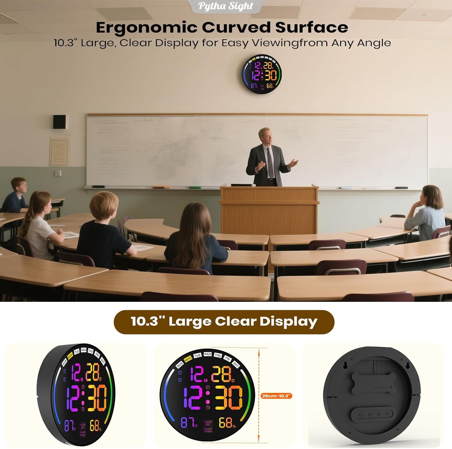 Large Digital Wall Clock with 10.3" LED Display,Alarm,Countdown Timer,DST,Temperature,Humidity,Auto-Dimming,Remote Control,Night Light for Classroom,Bedroom,Living Room,Office,Gym