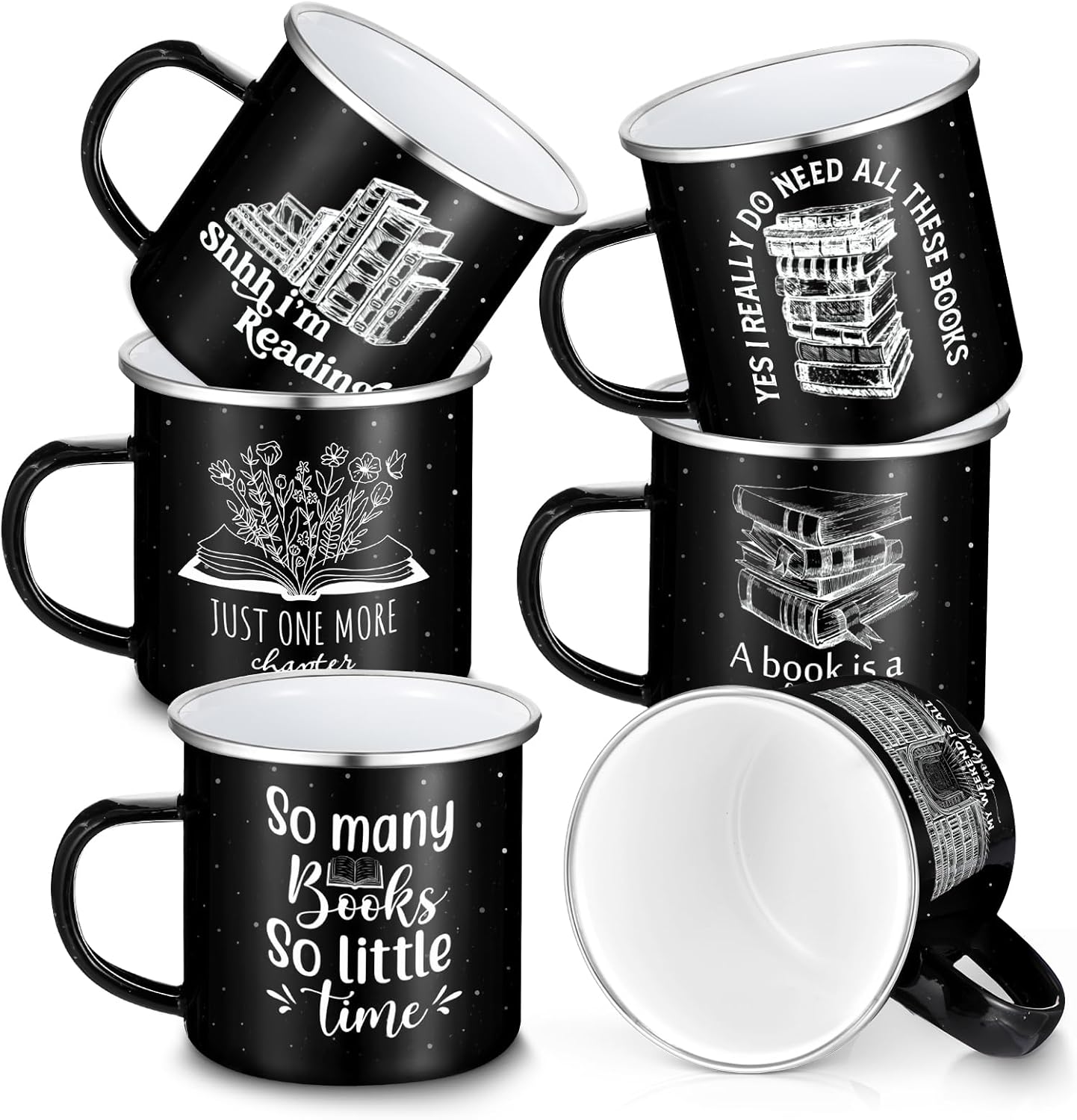 Hushee 6 Pack Book Lovers Gifts Enamel Mugs 12oz Book Coffee Mugs for Women Librarians Coffee Drinking Cups Gift for Bookish Men Writers Reader Library Reading Teacher, 6 Style(Black)