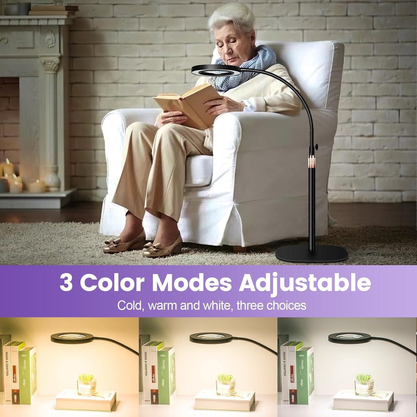 30X 12X Magnifying Glass with Light and Stand, 3-Color Stepless Dimmable LED Magnifying Floor Lamp, 24" Gooseneck Adjustable Swing Arm Lighted Magnifier Lamp with Clamp for Reading Esthetican