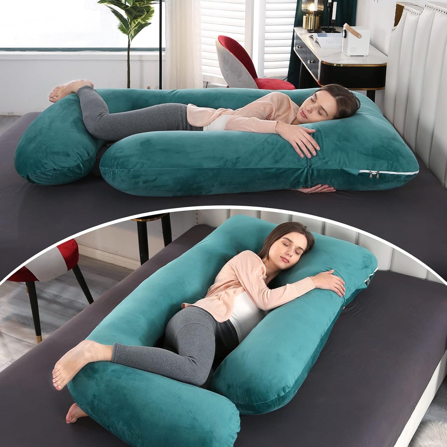 Full Body Pregnancy Pillow for Women-57 Inch U-Shaped Maternity Pillow with Removable Washable Cover Support for Back,Hips,Belly,Legs & Neck (Velvet,Forest Green)