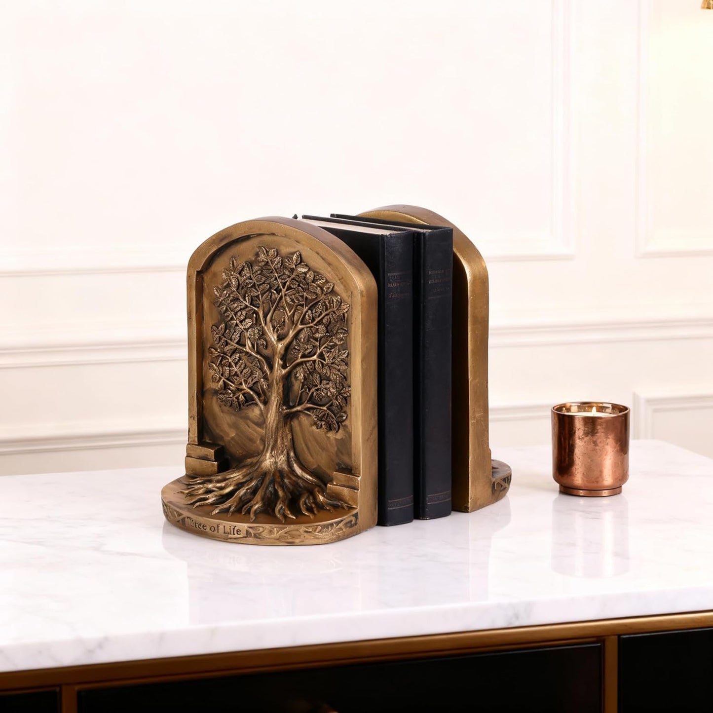 Tree of Life Resin Bookends - Set of 2 Heavy Duty Antique Bronze Book Holders with Non-Slip Bottom, Decorative Bookends for Shelves, Office, Home Library, Living Room and Study Room Decor