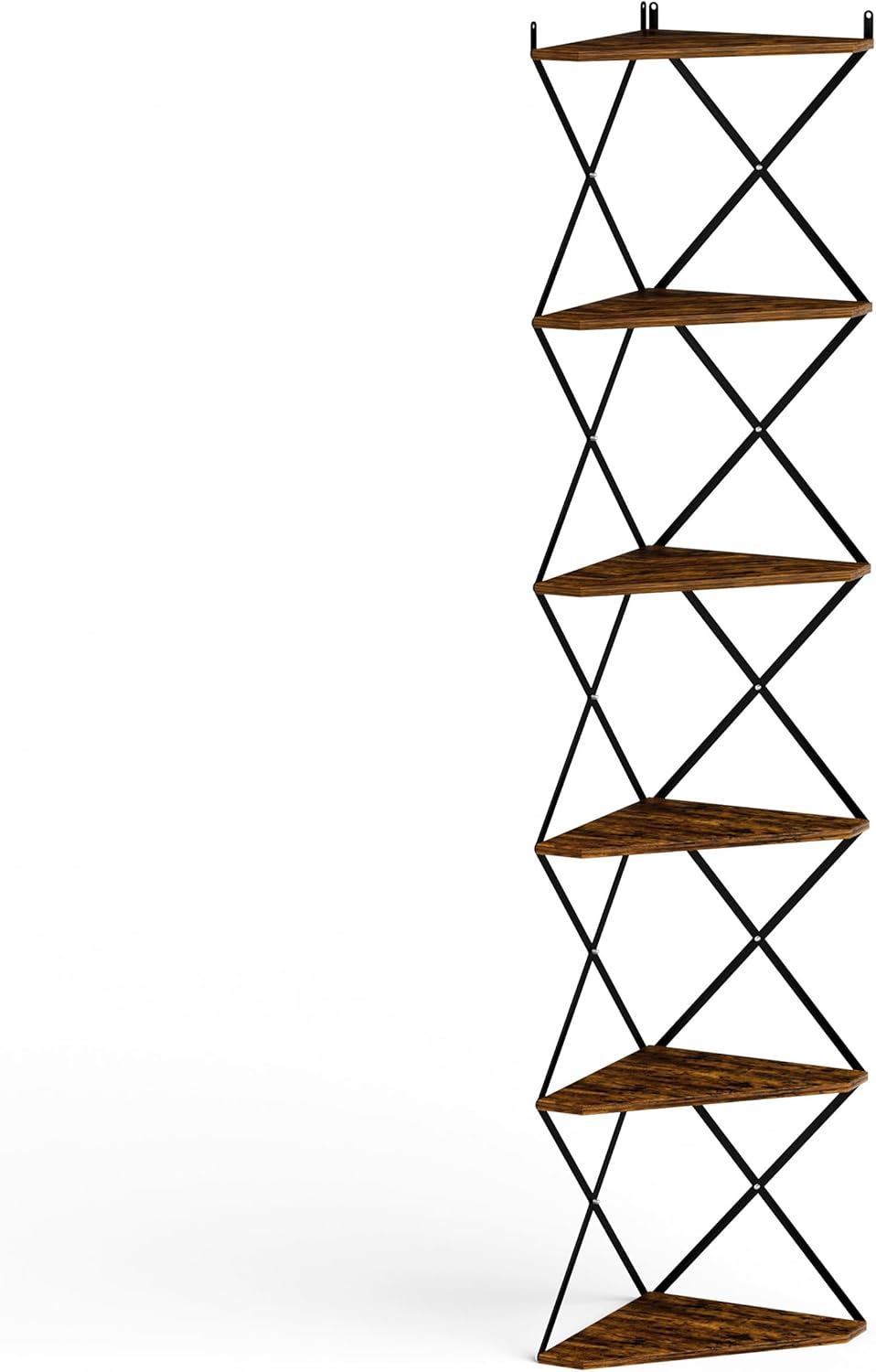 6 Tier Wall Mounted Corner Shelf Stand, Industrial Corner Bookshelf with X Metal Frame, Tall Standing Shelf Organizer, Bookcase, Plant Stand for Living Room, Bedroom Rustic Brown CS-006RB
