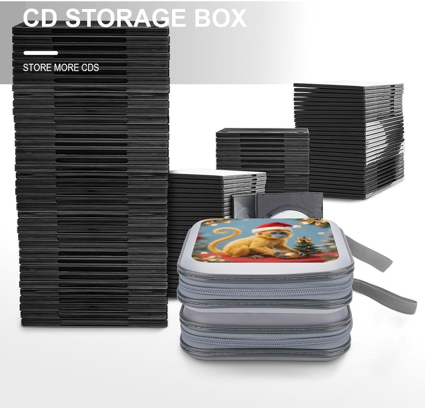 Christmas Monkey CD Case Portable Zipper CD Case 40 Capacity Hard Plastic DVD Cases Holder Large Storage Disc Wallet Bag for Car Home Travel DVD Collection Bag
