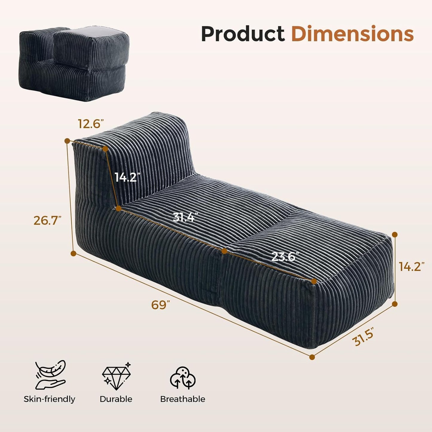 69 Inch Chaise Lounge Chair Indoor, Oversized Corduroy Upholstered Boneless Sofa Bed, Deep Seat Sleeper Couch Reading Chairs, Cloud Couches for Living Room Bedroom, No Assembly Required (Grey)