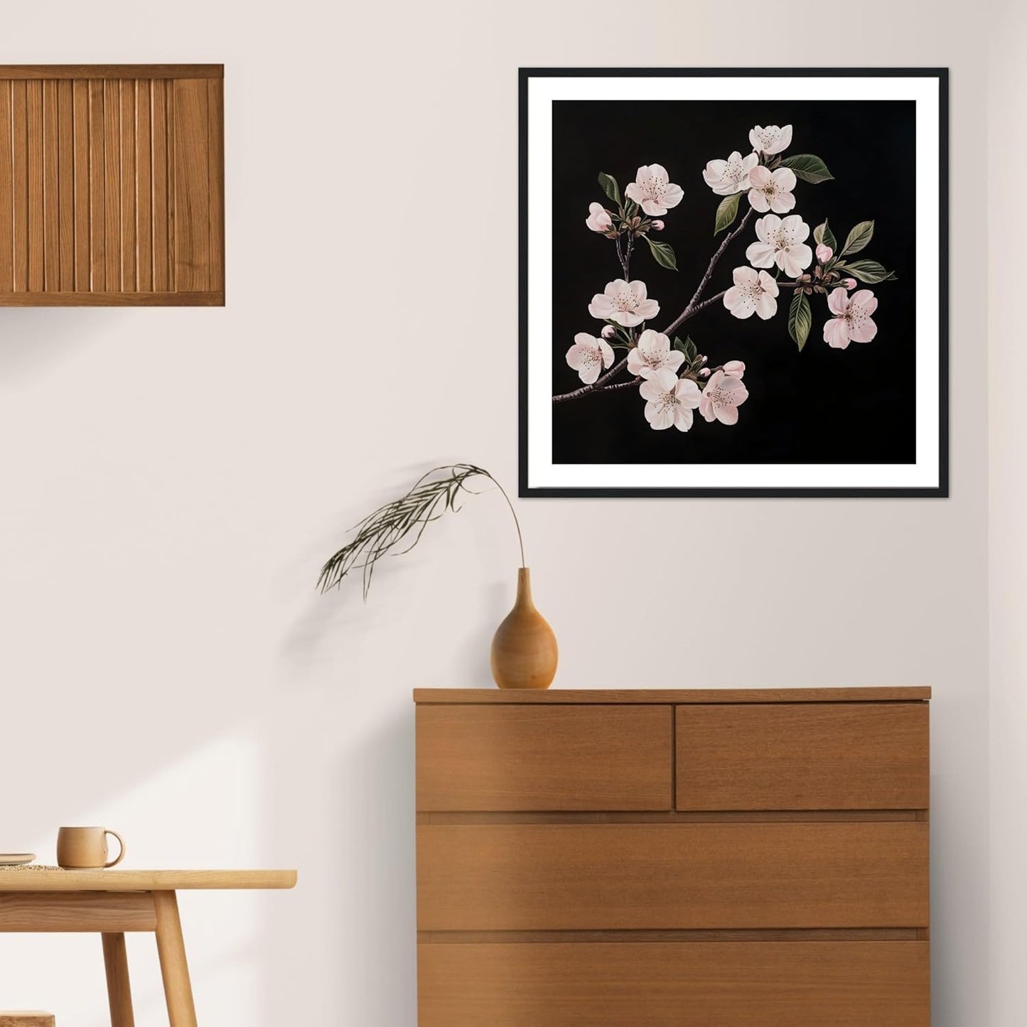 Moonow7 Cherry Blossom Wall Art Prints, Black and White Botanical Poster for Bedroom, Bathroom, or Office, Minimalist Flower Print for Tranquil Interiors, Unframed Size 30x30 cm / 12x12”