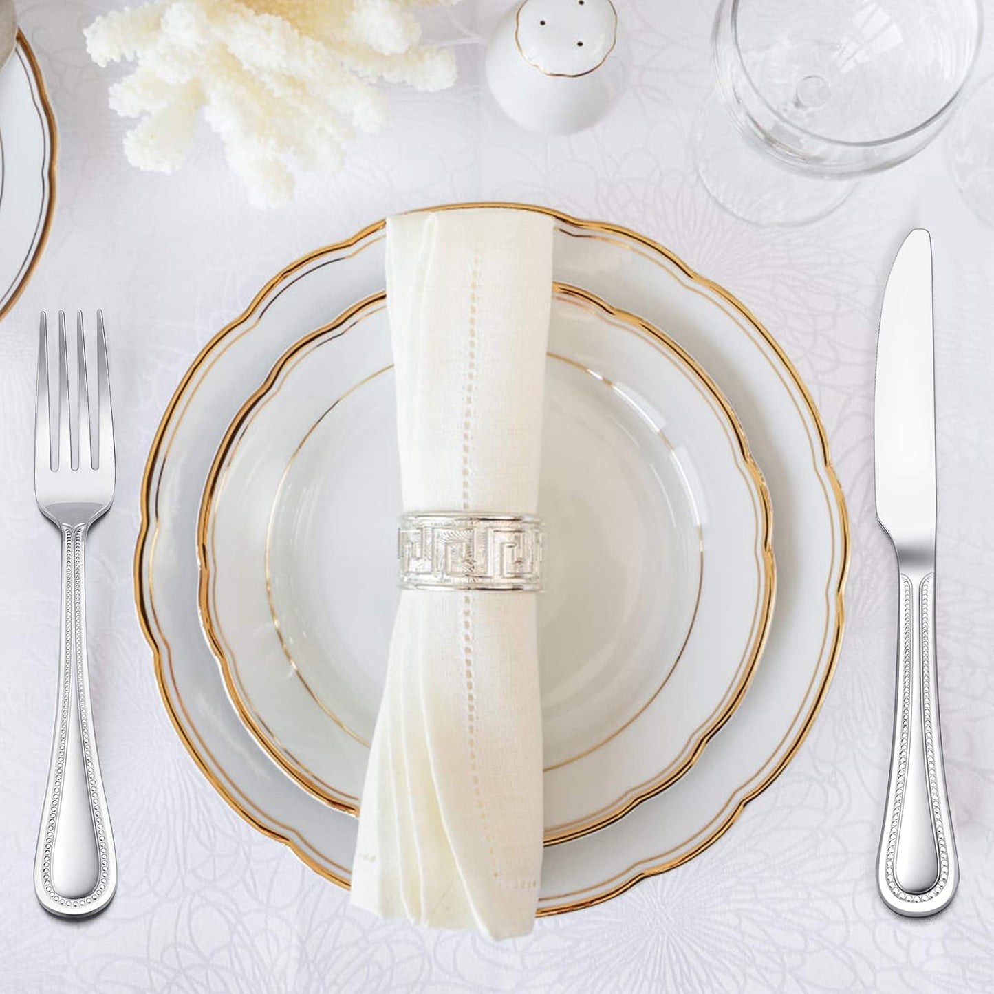 40-Piece Silverware Set, HaWare Stainless Steel Flatware Service for 8, Pearled Edge Tableware Cutlery Include Knife/Fork/Spoon, Beading Eating Utensil for Home, Mirror Polished, Dishwasher Safe