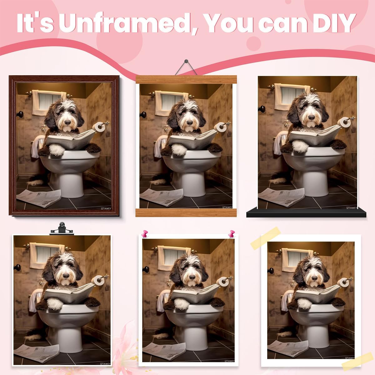 Funny Dog Sitting on The Toilet Wall Art, Bernedoodle Dog Humorous Canvas Print Decorations Artwork for Living Room, Bathroom Unframed 12x16inch