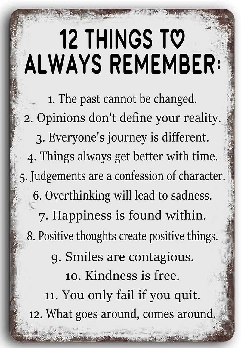 8x12 Inch Aluminum Retro Inspirational Wall Art 12 Things To Always Remember Signs Metal Inspiring Positive Quotes Sign for Home, Office, Bedroom, School