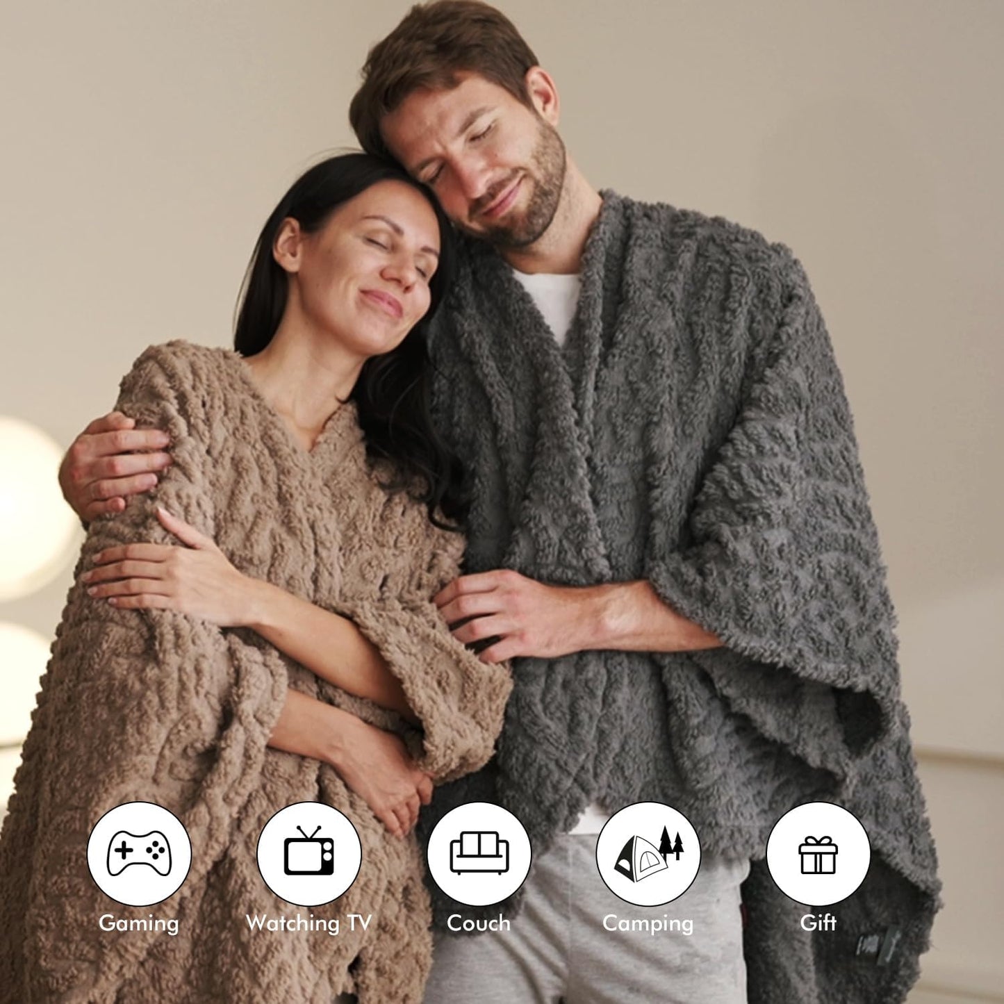 Royoliving Fuzzy Sherpa Wearable Fleece Blanket with Pockets for Adults, Ultra Soft Plush Shawl Throw Blankets (Grey, 58'' x 64'')
