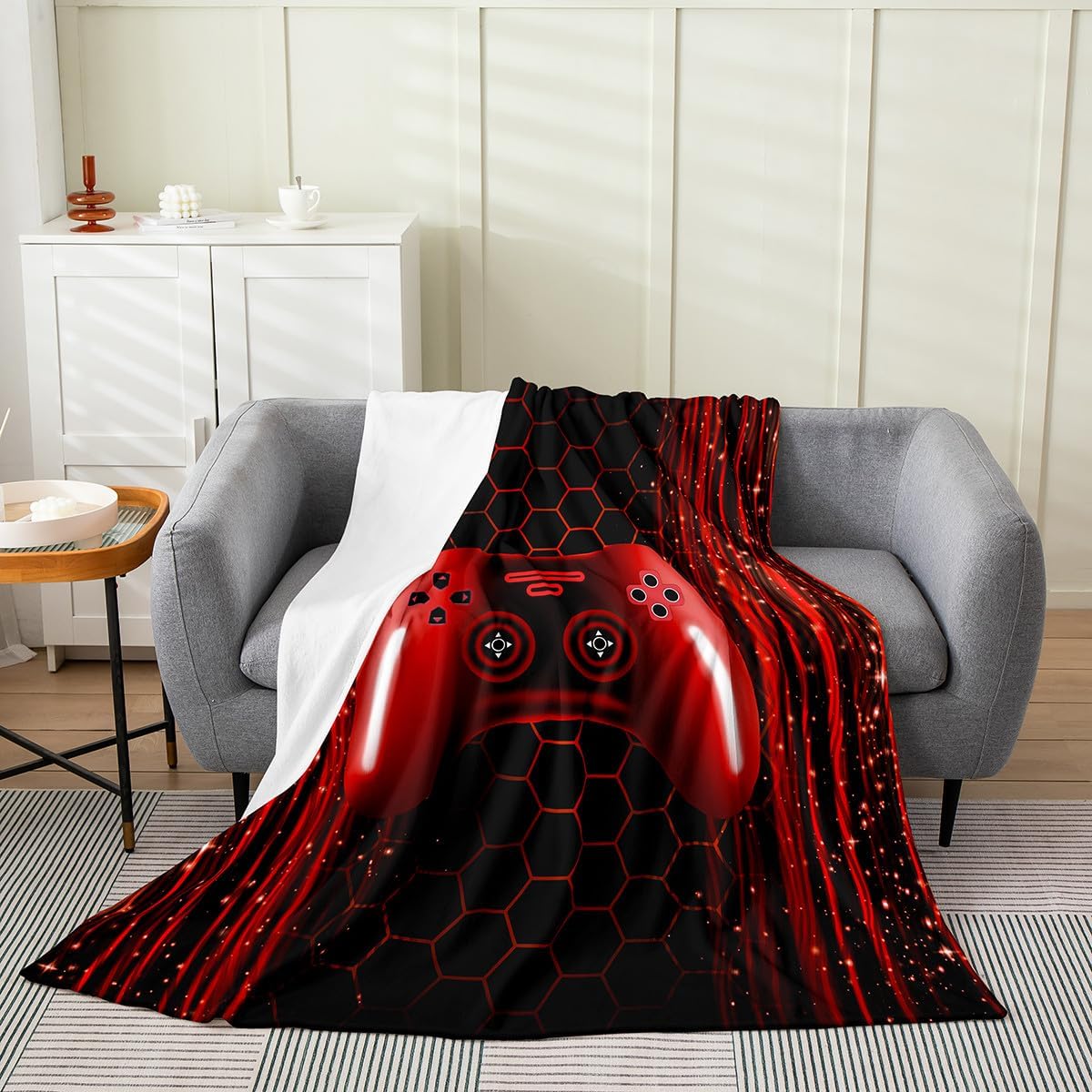 Erosebridal Kids Gamer Fleece Blanket for Boys Twin 60x80 Burgundy Red Gaming Flannel Blanket for Kids Teens Neon Lights Video Games Fuzzy Plush Throw Striped Honeycomb Hexagon Geometric Pattern